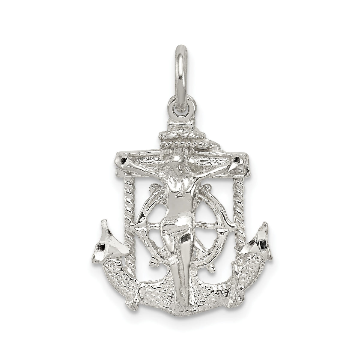 Sterling Silver Anchor Cross Pendant with Twisted Rope Detail Nautical Crucifix Charm