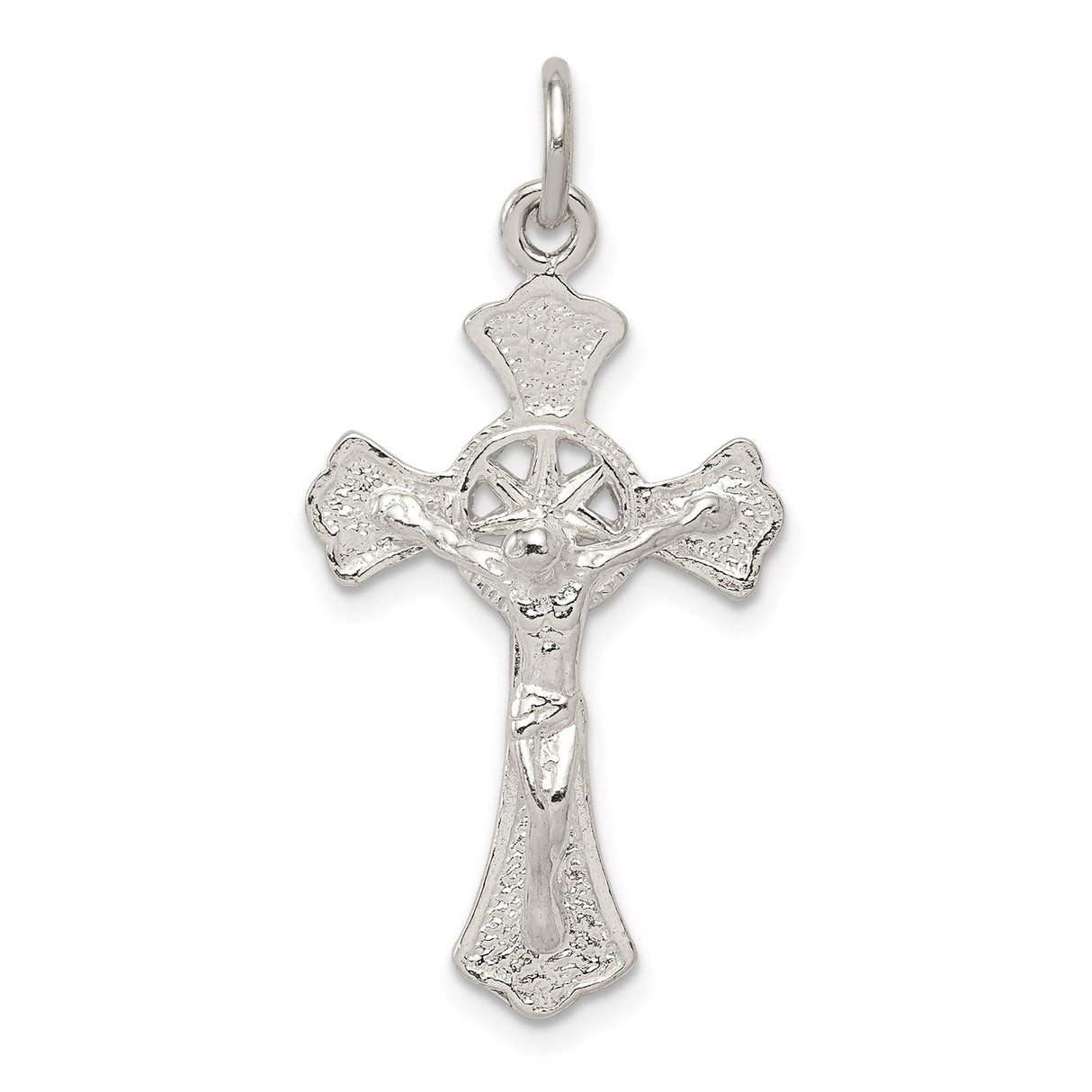 Sterling Silver Crucifix Cross Pendant with Raised Christ Figure and Flared Edges