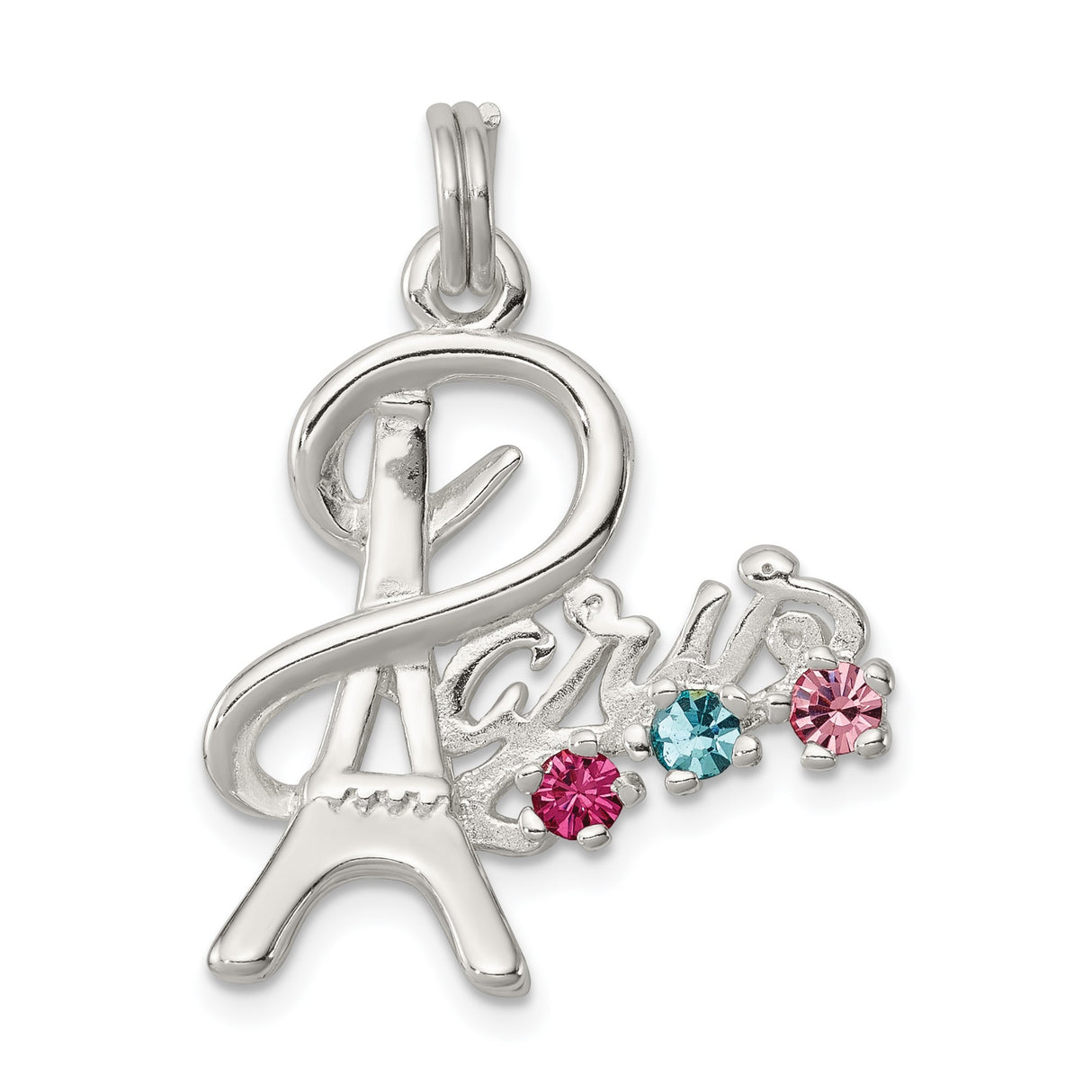 Sterling Silver Eiffel Tower Pendant with Colorful Crystal Birthstones, Paris Travel Charm