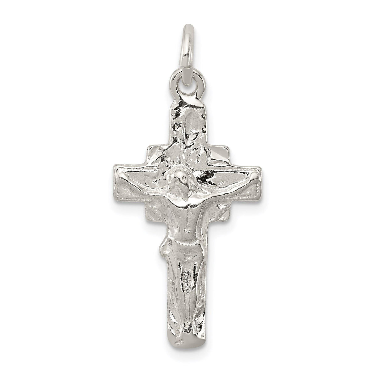 Sterling Silver Crucifix Cross Pendant with Dimensional Christian Design and Polished Finish