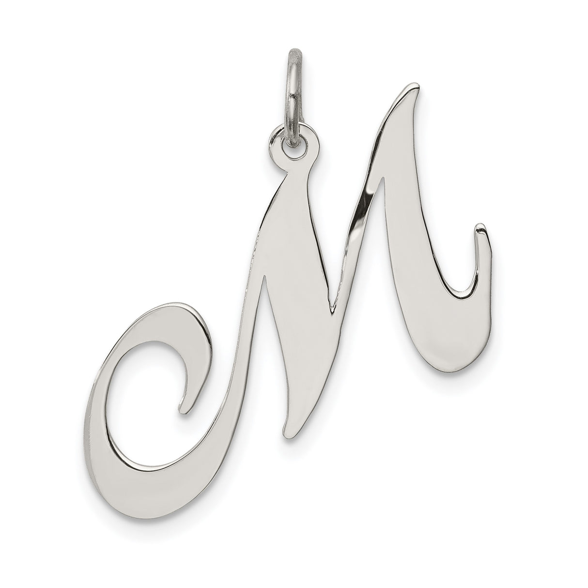 Sterling Silver Script Initial M Pendant with Polished Cursive Letter Design