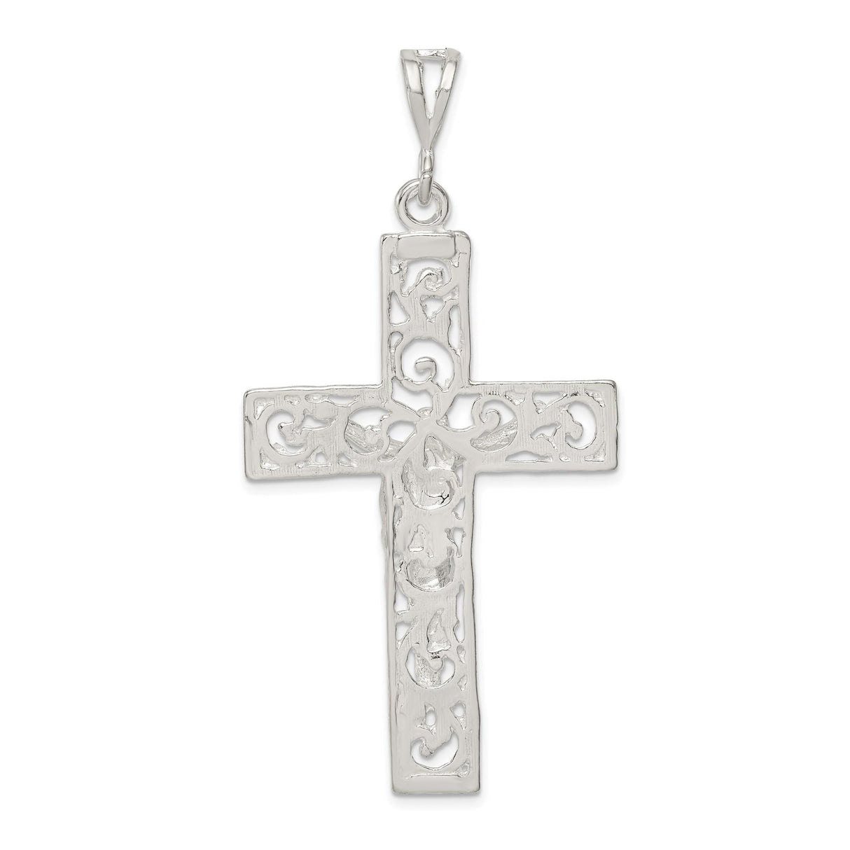 Sterling Silver Crucifix Cross Pendant with Jesus Figure and Scrollwork Openwork Design