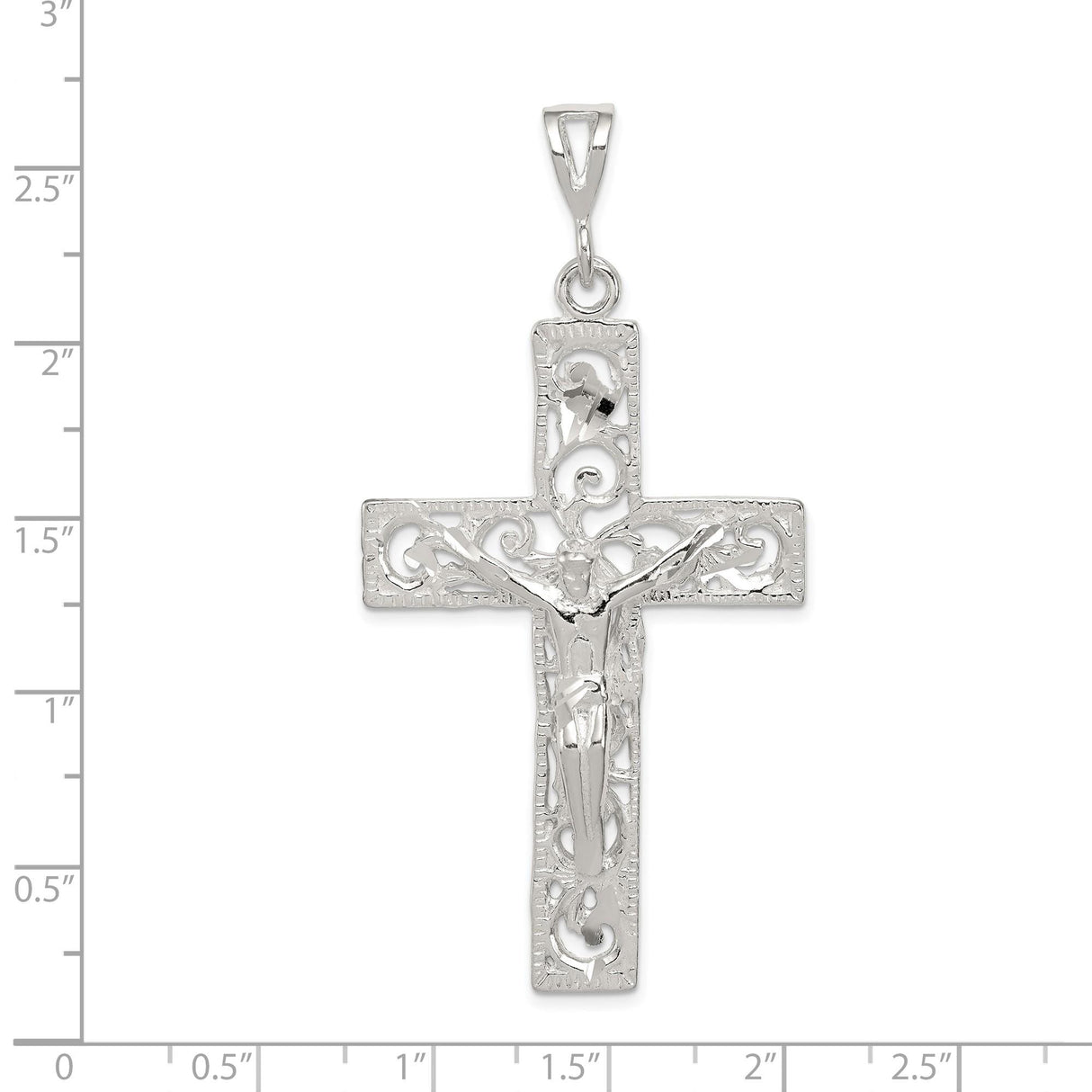 Sterling Silver Crucifix Cross Pendant with Jesus Figure and Scrollwork Openwork Design