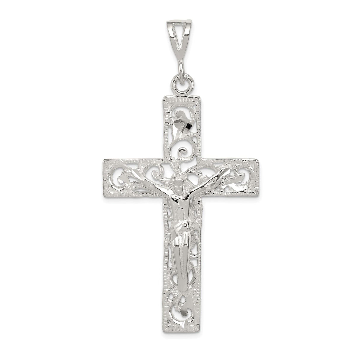 Sterling Silver Crucifix Cross Pendant with Jesus Figure and Scrollwork Openwork Design