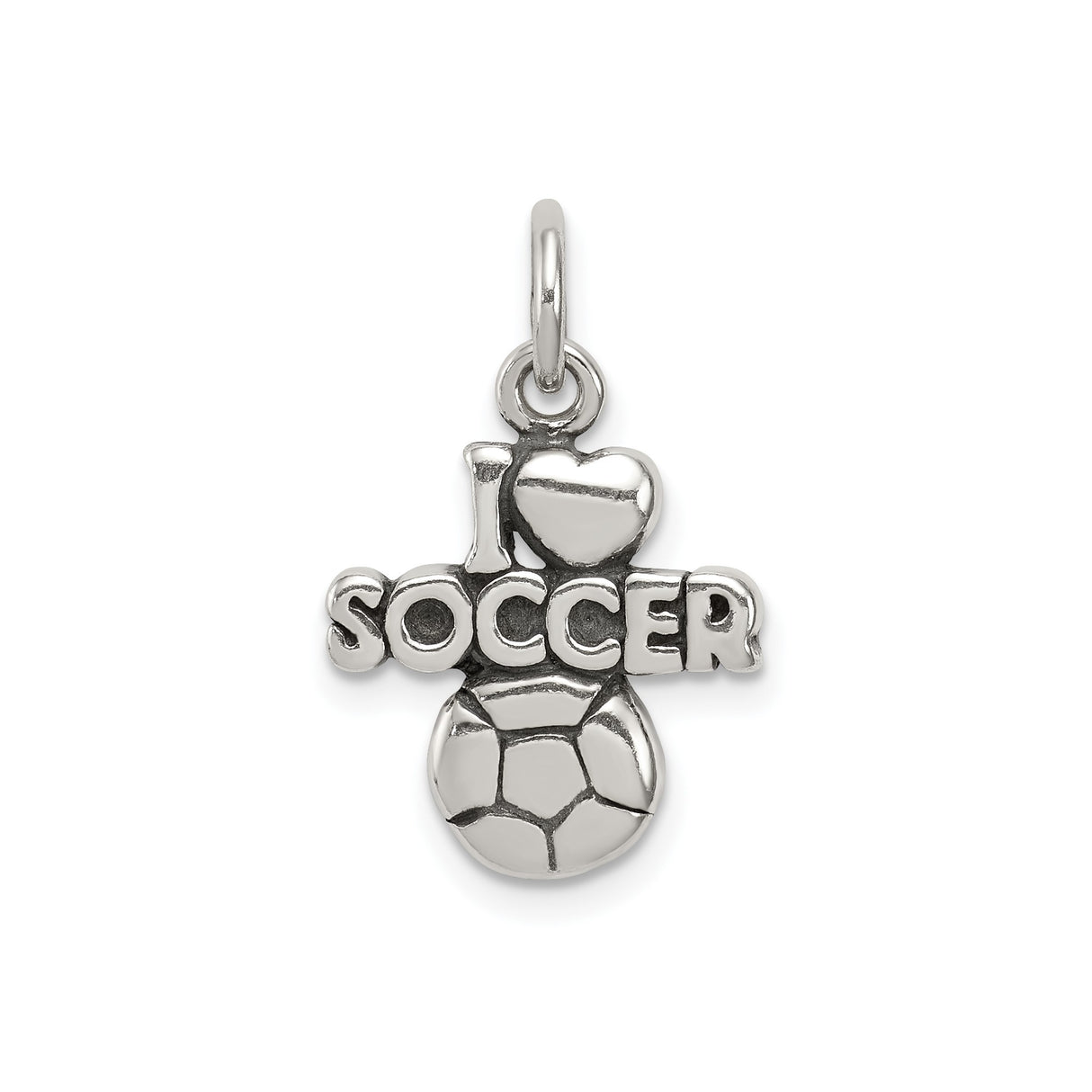 Sterling Silver Soccer Pendant Charm with Heart and Bold Lettering Design