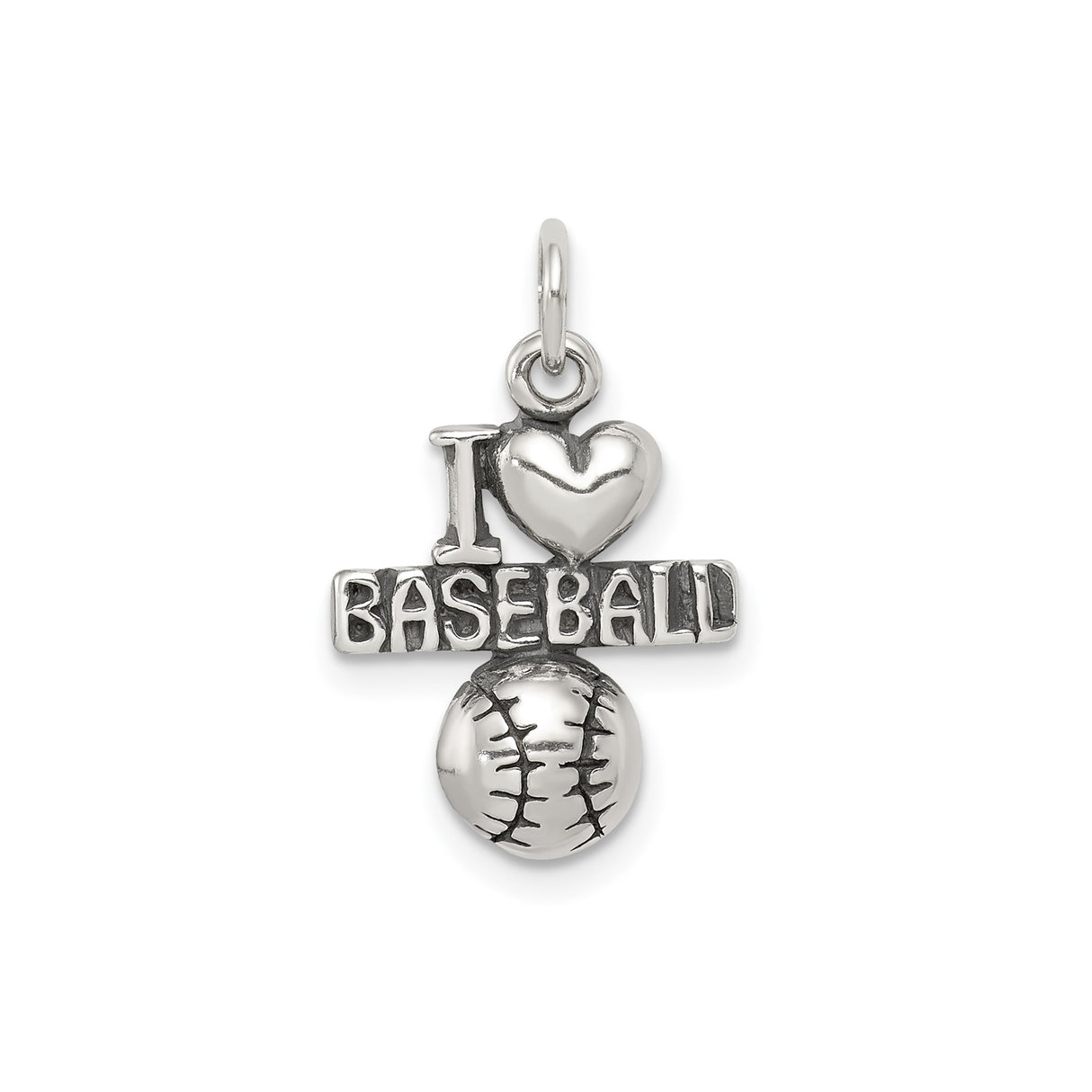 Sterling Silver Baseball Pendant Charm with Heart Design and I Love Baseball Message