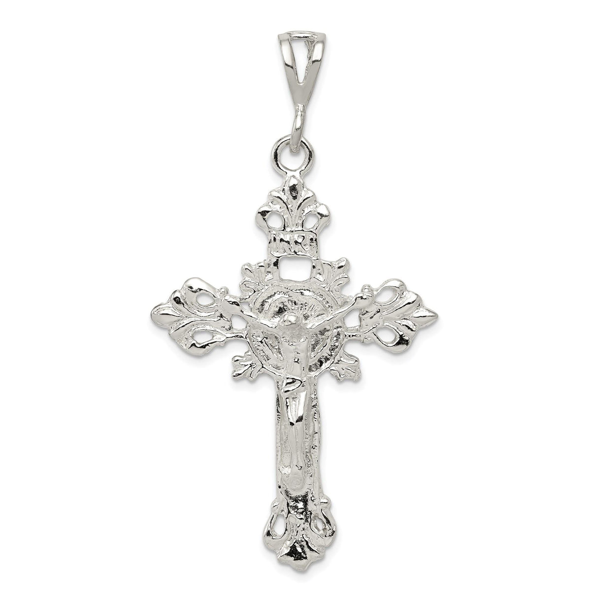 Sterling Silver Crucifix Cross Pendant with Sculpted Jesus, Gothic Fleur Design