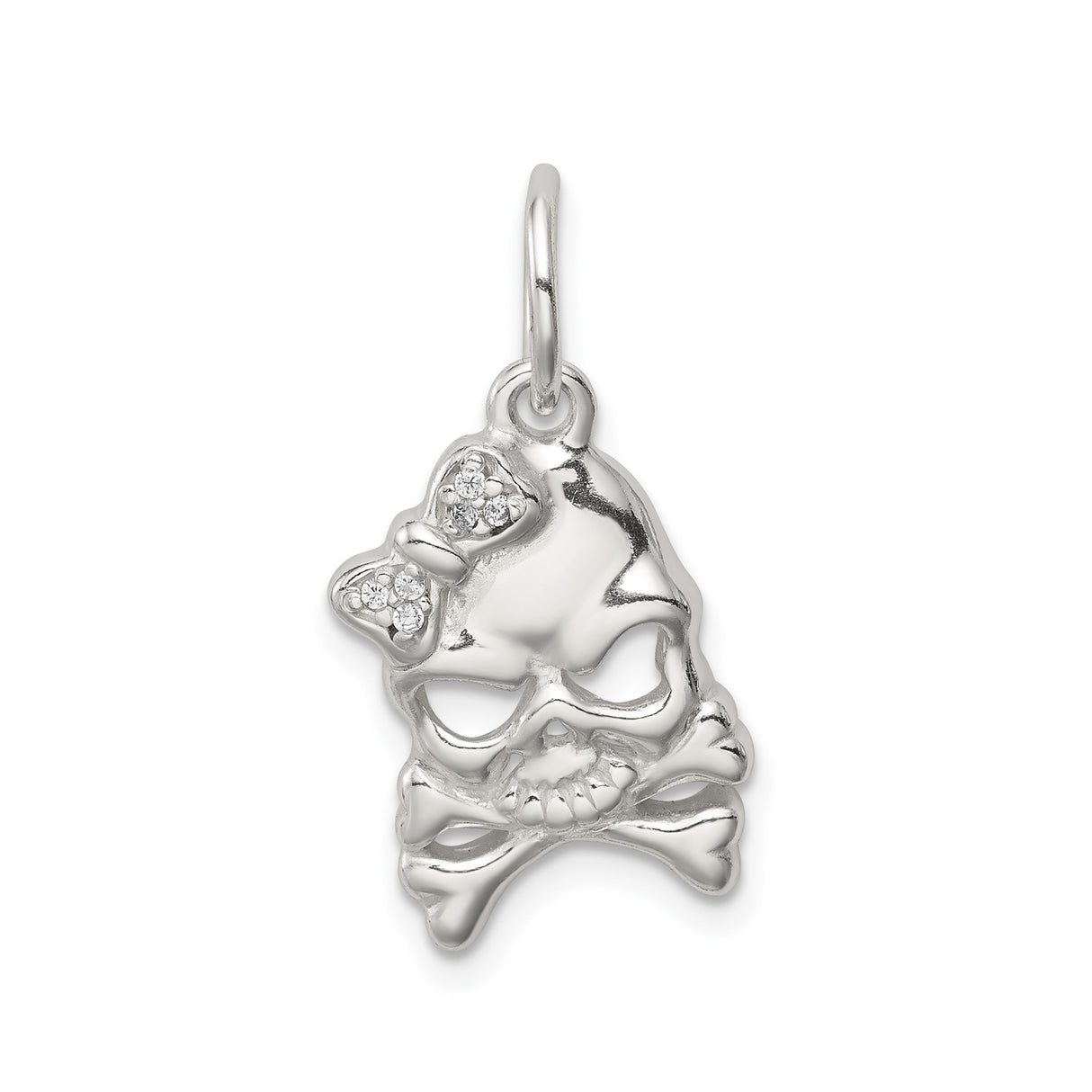 Sterling Silver Skull and Crossbones Pendant with Cubic Zirconia Bow, Gothic Punk Style
