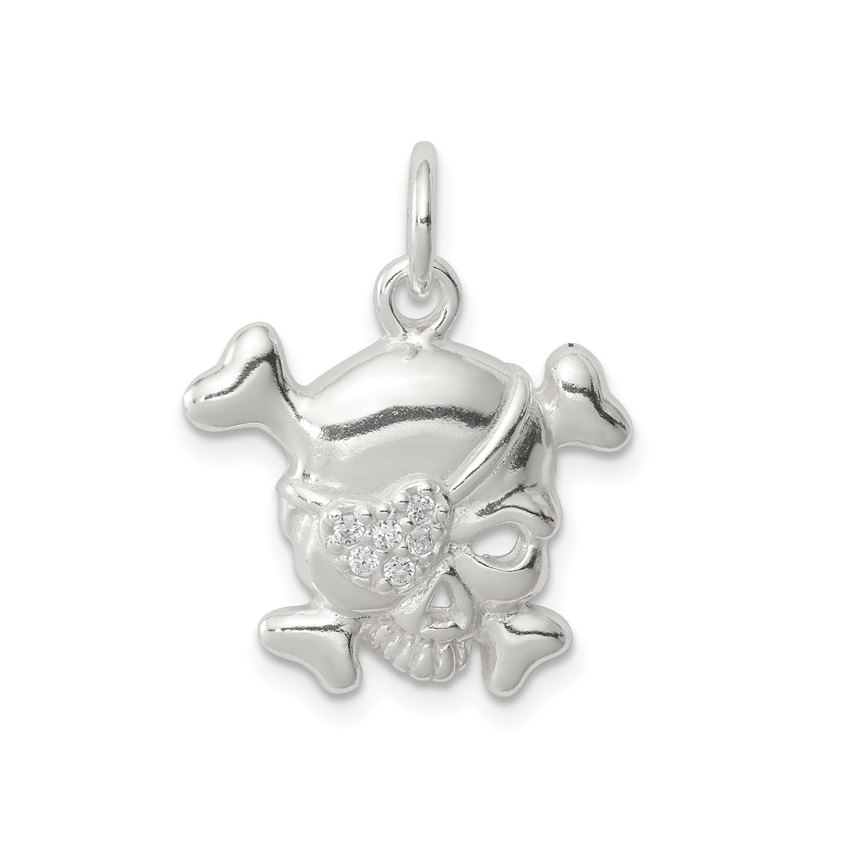 Sterling Silver Pirate Skull Pendant with Cubic Zirconia Eye Patch and Crossbones Design