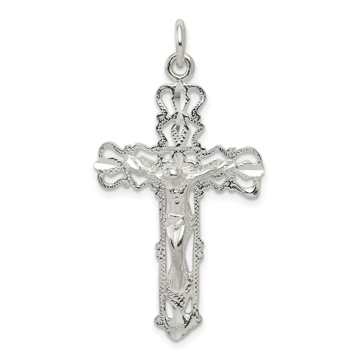Sterling Silver Crucifix Cross Pendant with Raised Christ and Scrollwork Design