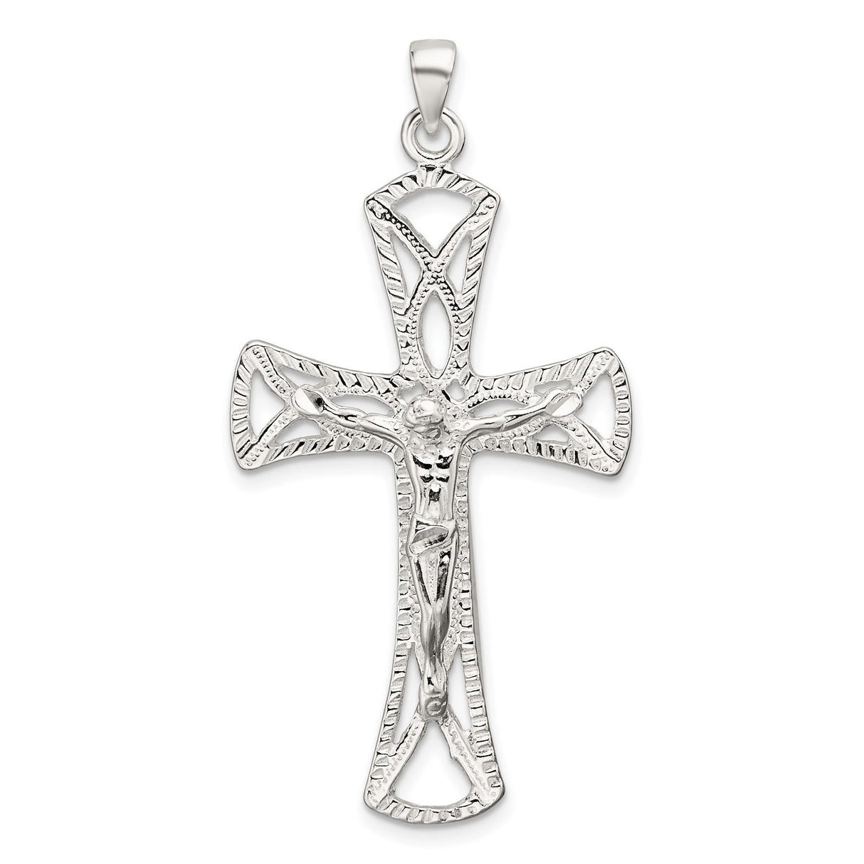 Sterling Silver Crucifix Cross Pendant with Etched Jesus Figure and Flared Latin Ends
