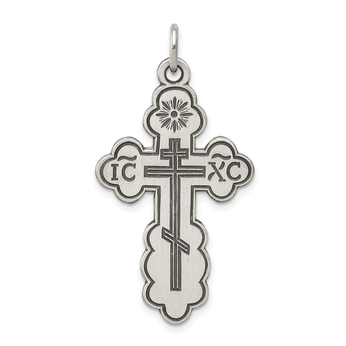 Sterling Silver Orthodox Cross Pendant with Sunburst Motif and Three Bar Eastern Design
