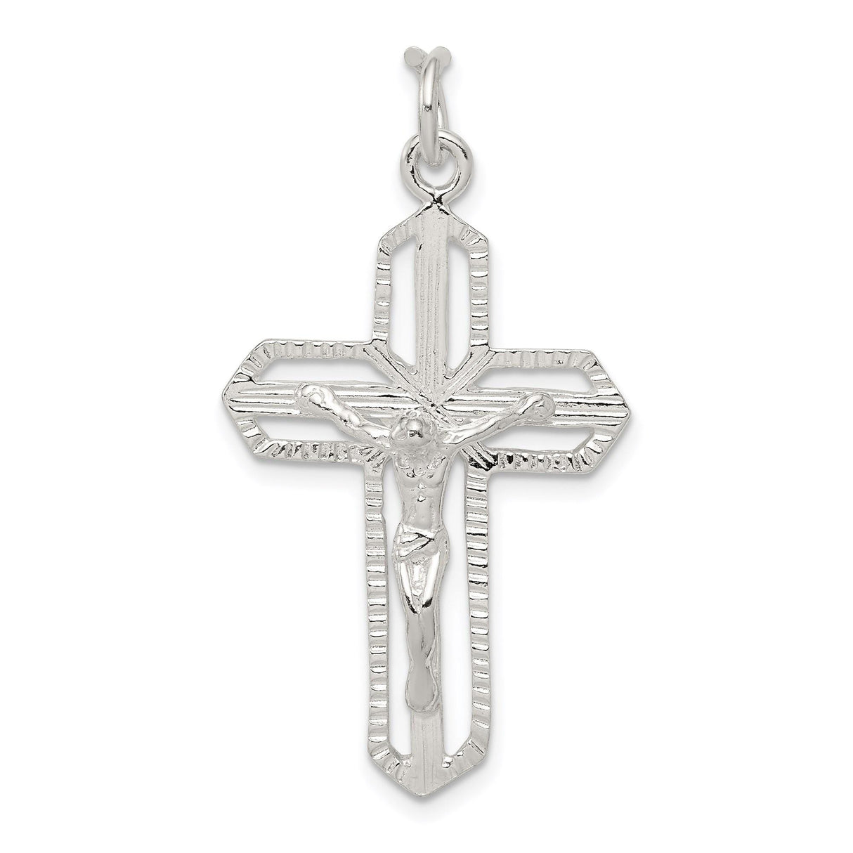 Sterling Silver Crucifix Cross Pendant with Beveled Edges and Textured Finish
