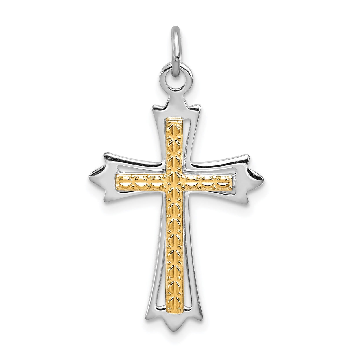 Sterling Silver Cross Pendant with Two-Tone Flared Ends and Textured Inlay for Men and Women