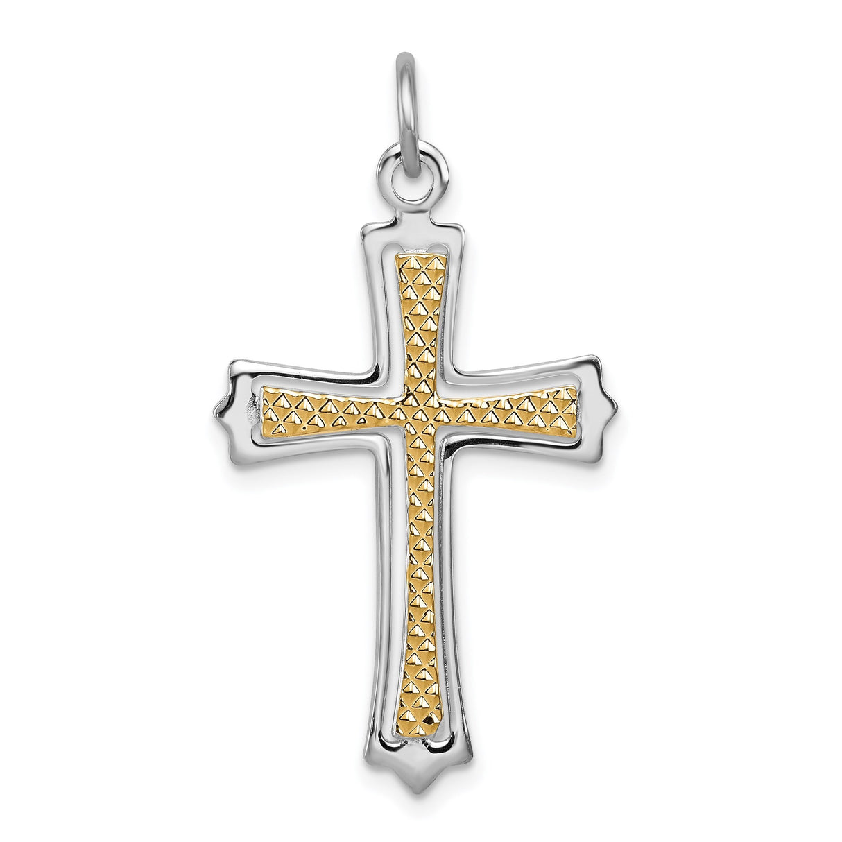Sterling Silver Cross Pendant with Textured Gold-Tone Center and Polished Border