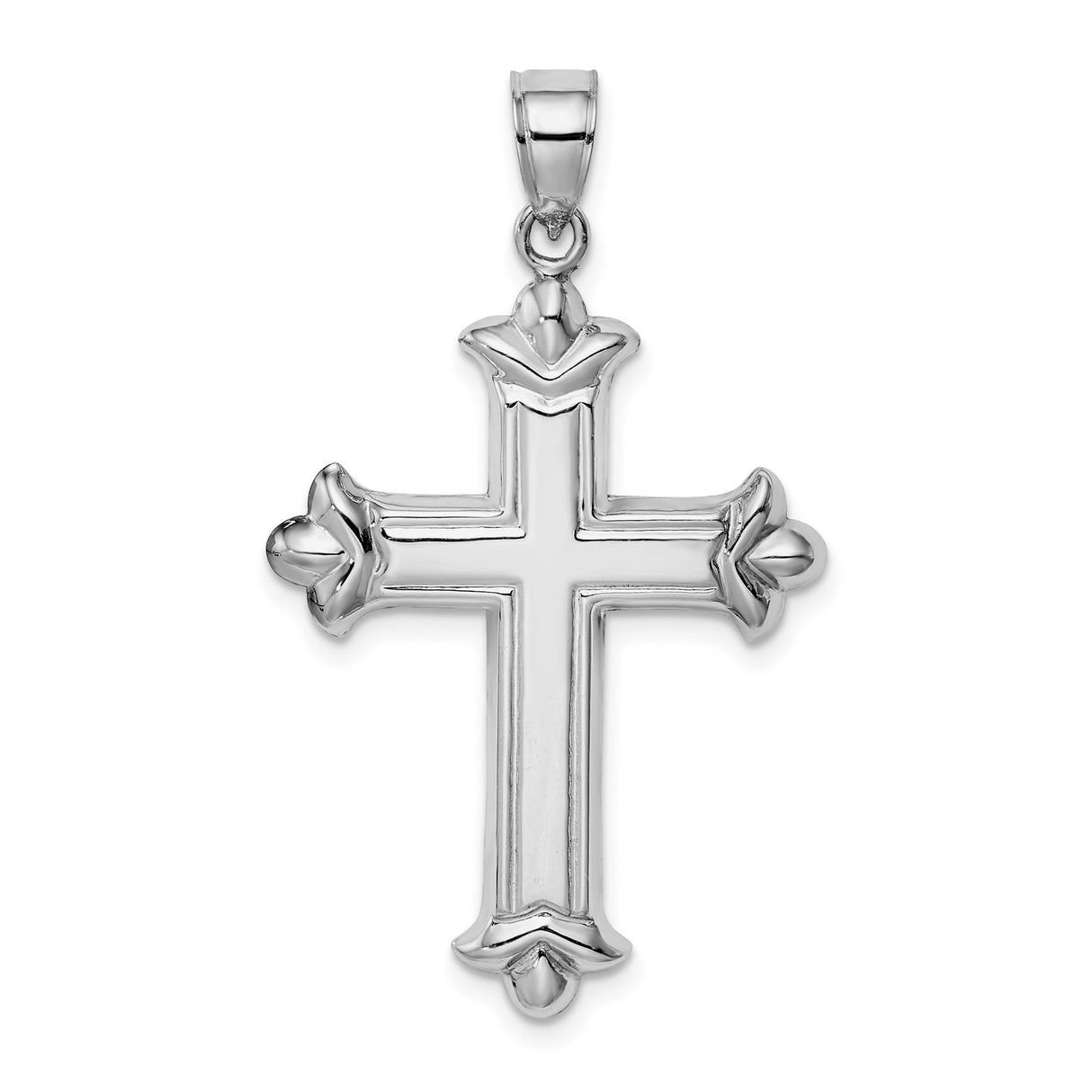 Sterling Silver Cross Pendant with Fleur-De-Lis Design and Raised Border