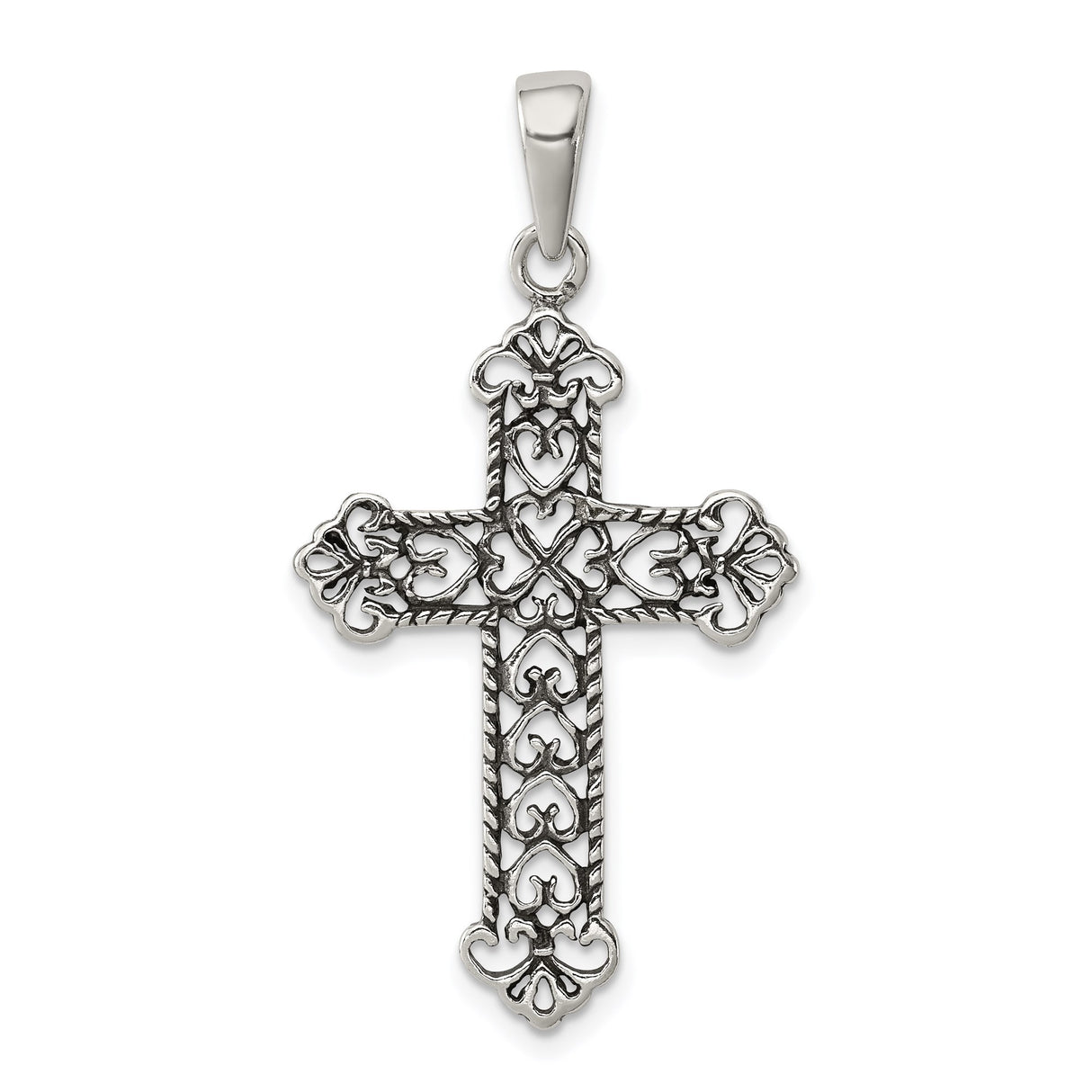 Sterling Silver Cross Pendant with Fleur Accents and Twisted Rope Detailing