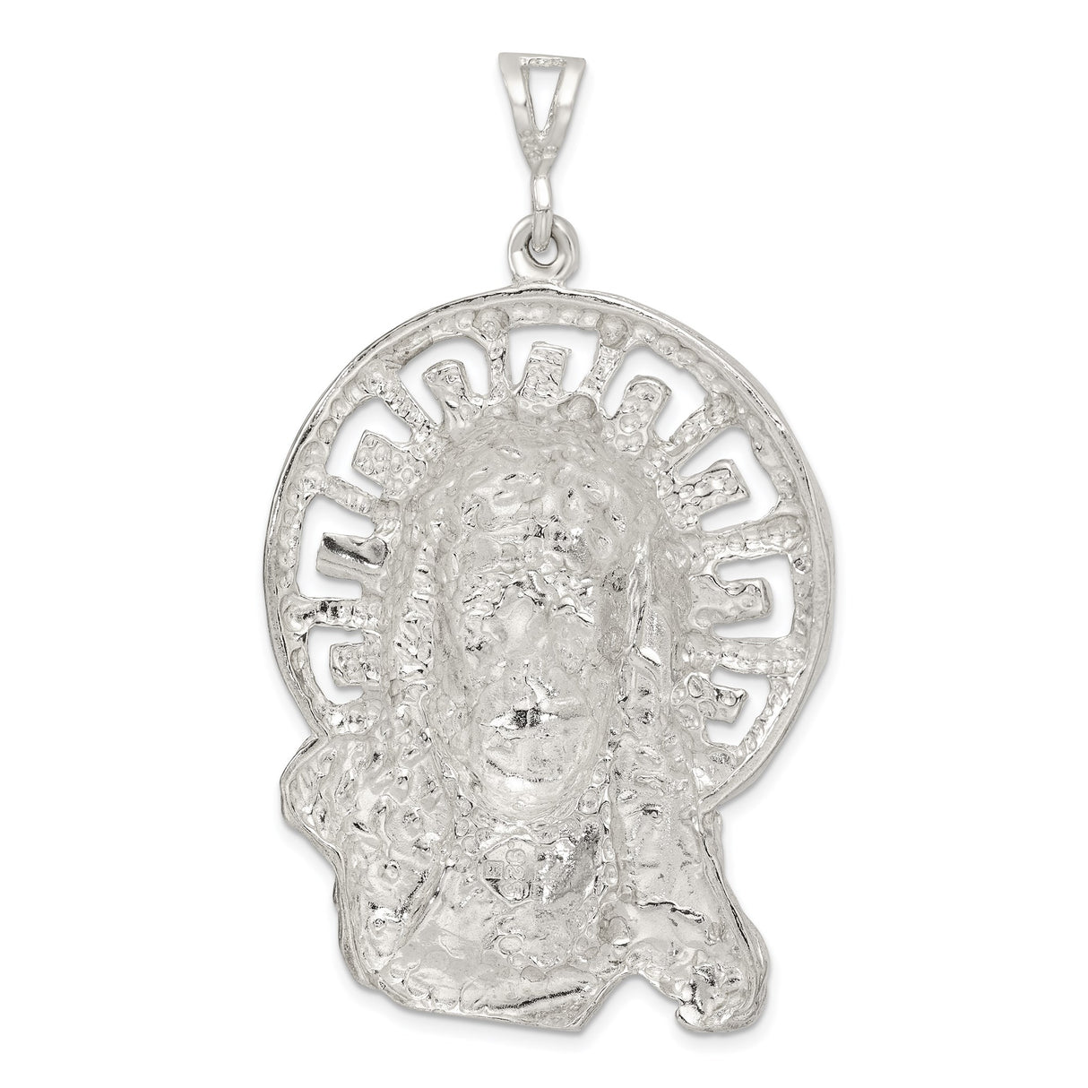 Sterling Silver Jesus Face Pendant with Crown of Thorns and Radiant Halo Design
