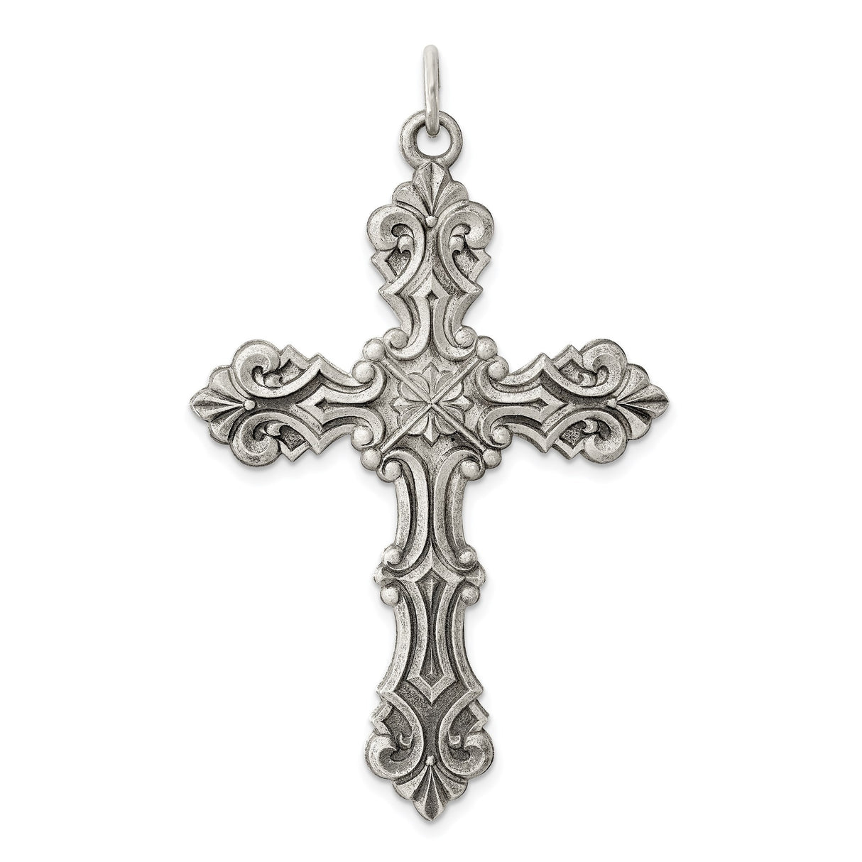 Sterling Silver Cross Pendant with Baroque Scrollwork and Oxidized Finish for Men and Women