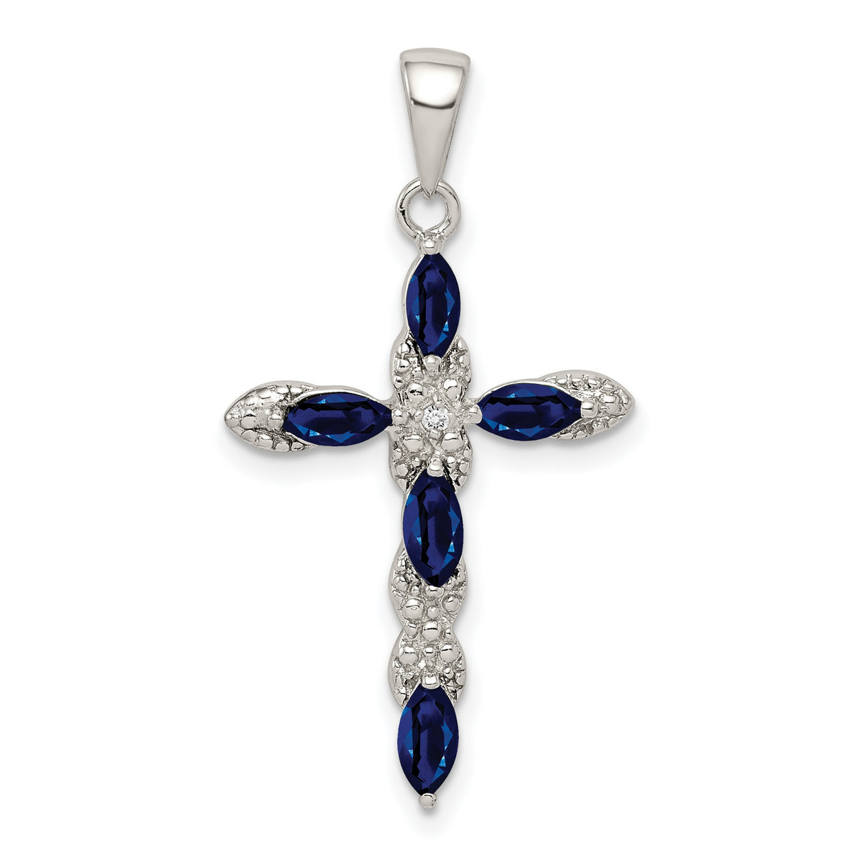 Sterling Silver Cross Pendant with Sapphire and Diamond, Lace Design Inspired by Faith