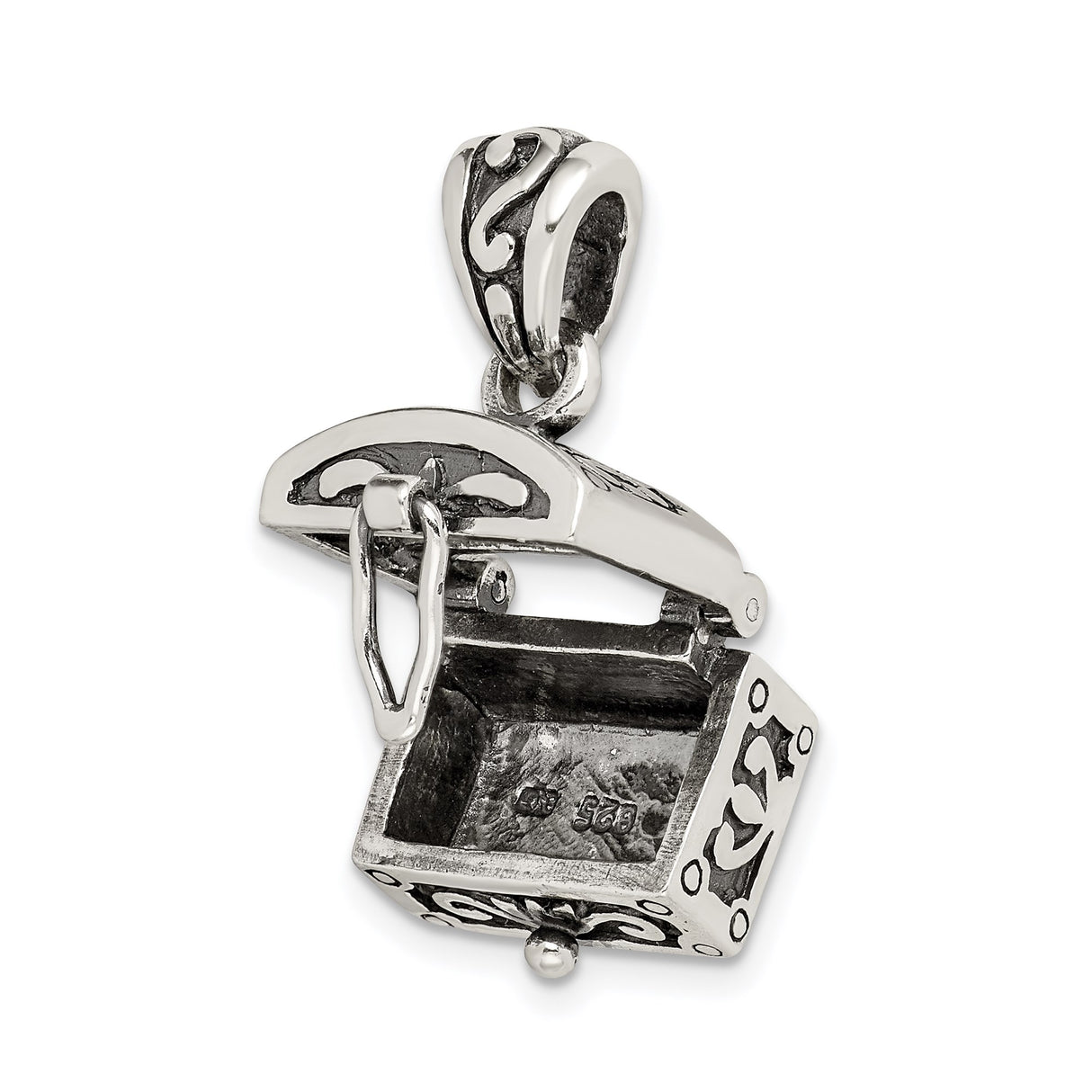Sterling Silver Treasure Chest Pendant with Scrollwork and Latch Detail