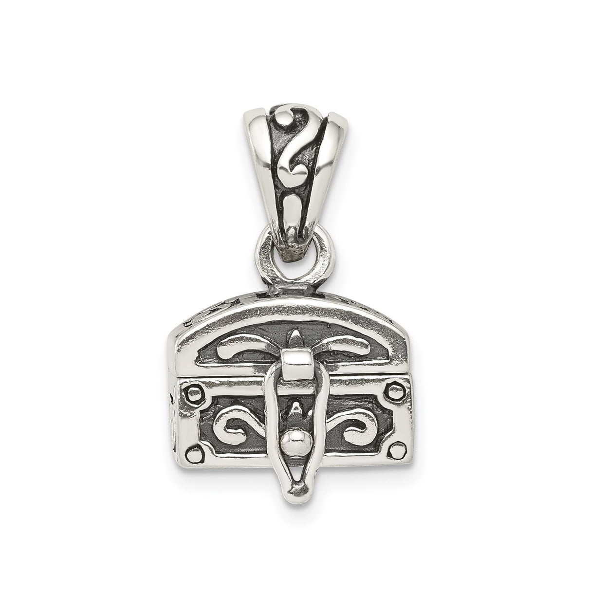Sterling Silver Treasure Chest Pendant with Scrollwork and Latch Detail
