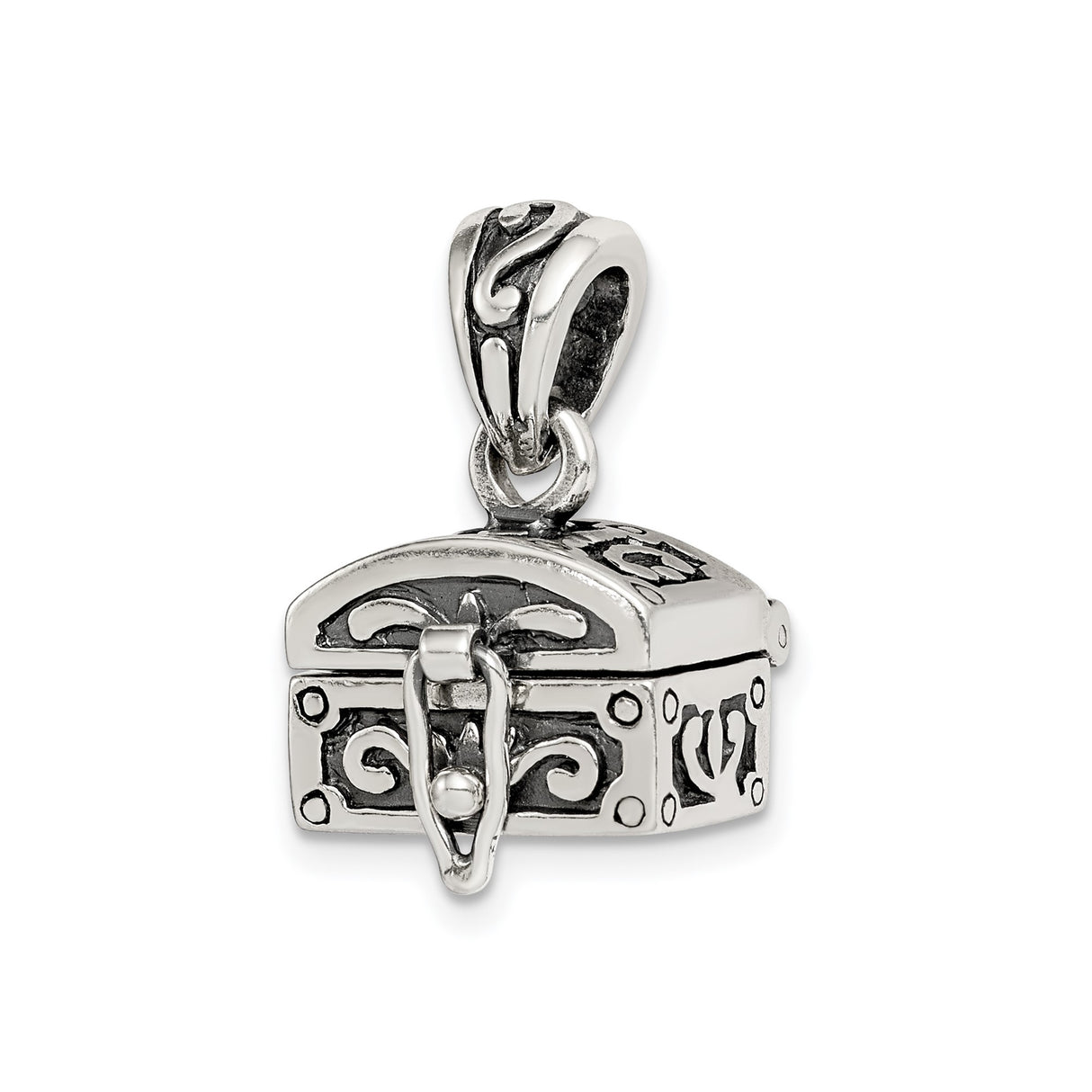 Sterling Silver Treasure Chest Pendant with Scrollwork and Latch Detail