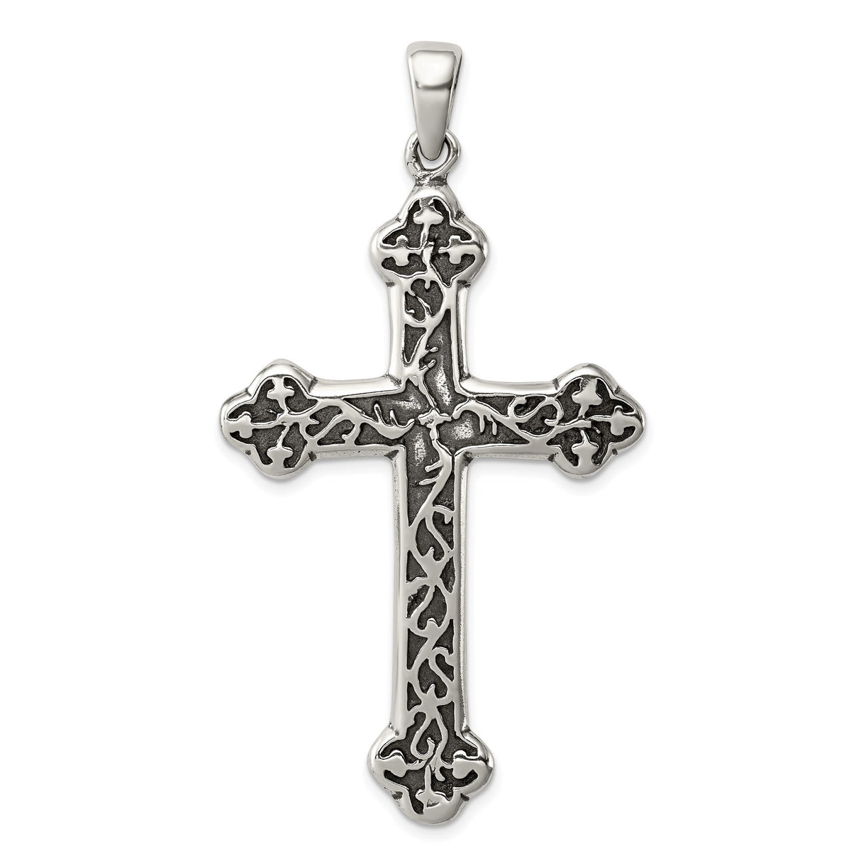 Sterling Silver Cross Pendant with Budded Thorn Design, Gothic Christian Symbol for Men and Women