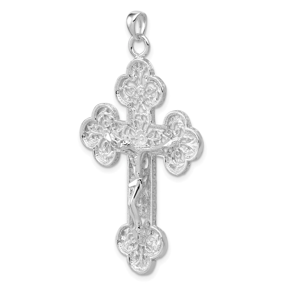 Sterling Silver Crucifix Cross Pendant with Ornate Filigree and Floral Engraving