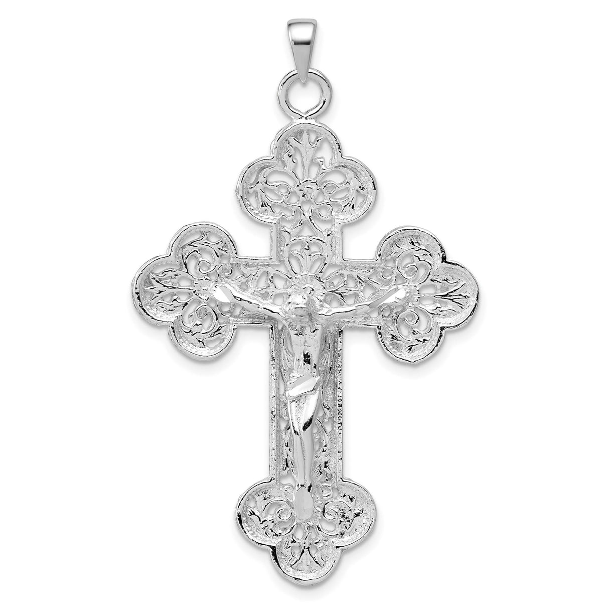 Sterling Silver Crucifix Cross Pendant with Ornate Filigree and Floral Engraving