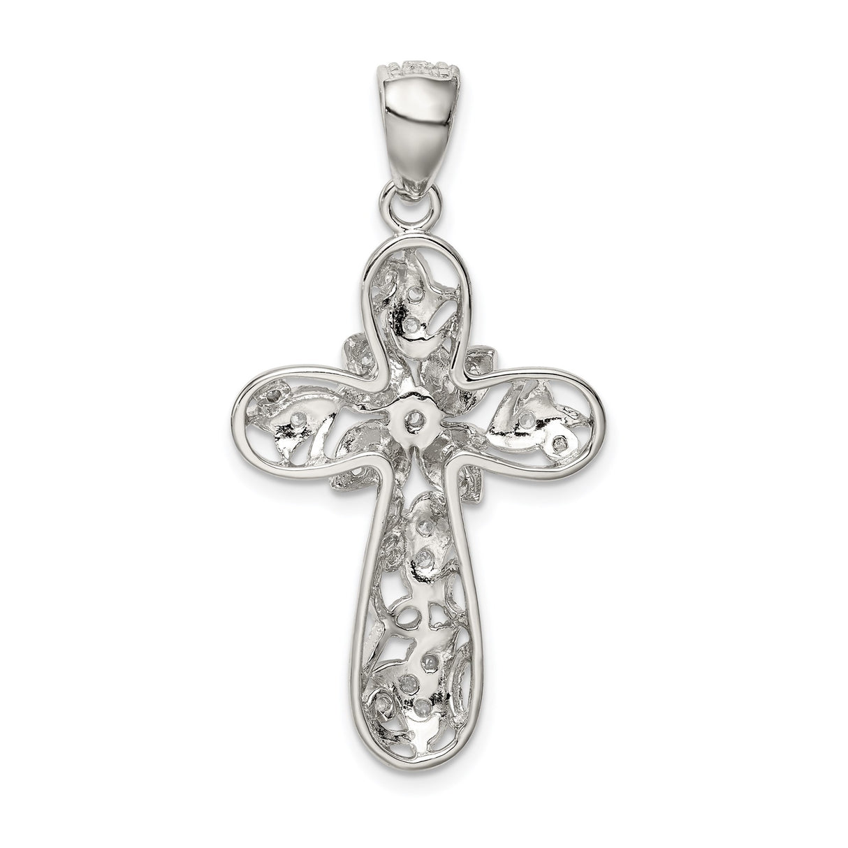Sterling Silver Cross Pendant with Cubic Zirconia, Floral Design and Milgrain Edges