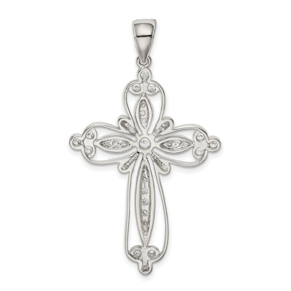 Sterling Silver Cross Pendant with Cubic Zirconia, Milgrain Edges and Filigree Design