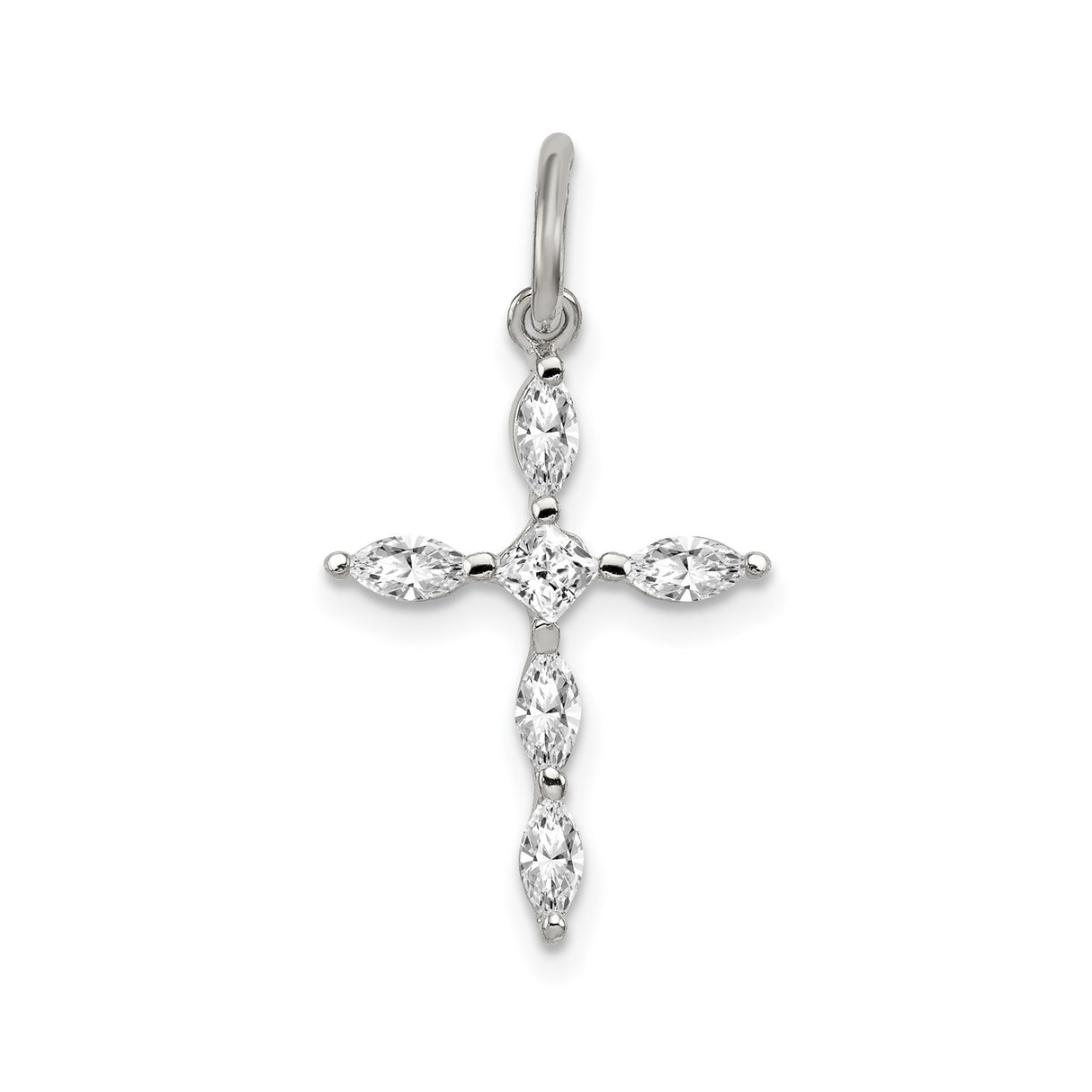 Sterling Silver Cross Pendant with Cubic Zirconia, Marquise and Princess Cut, Minimalist Faith Design