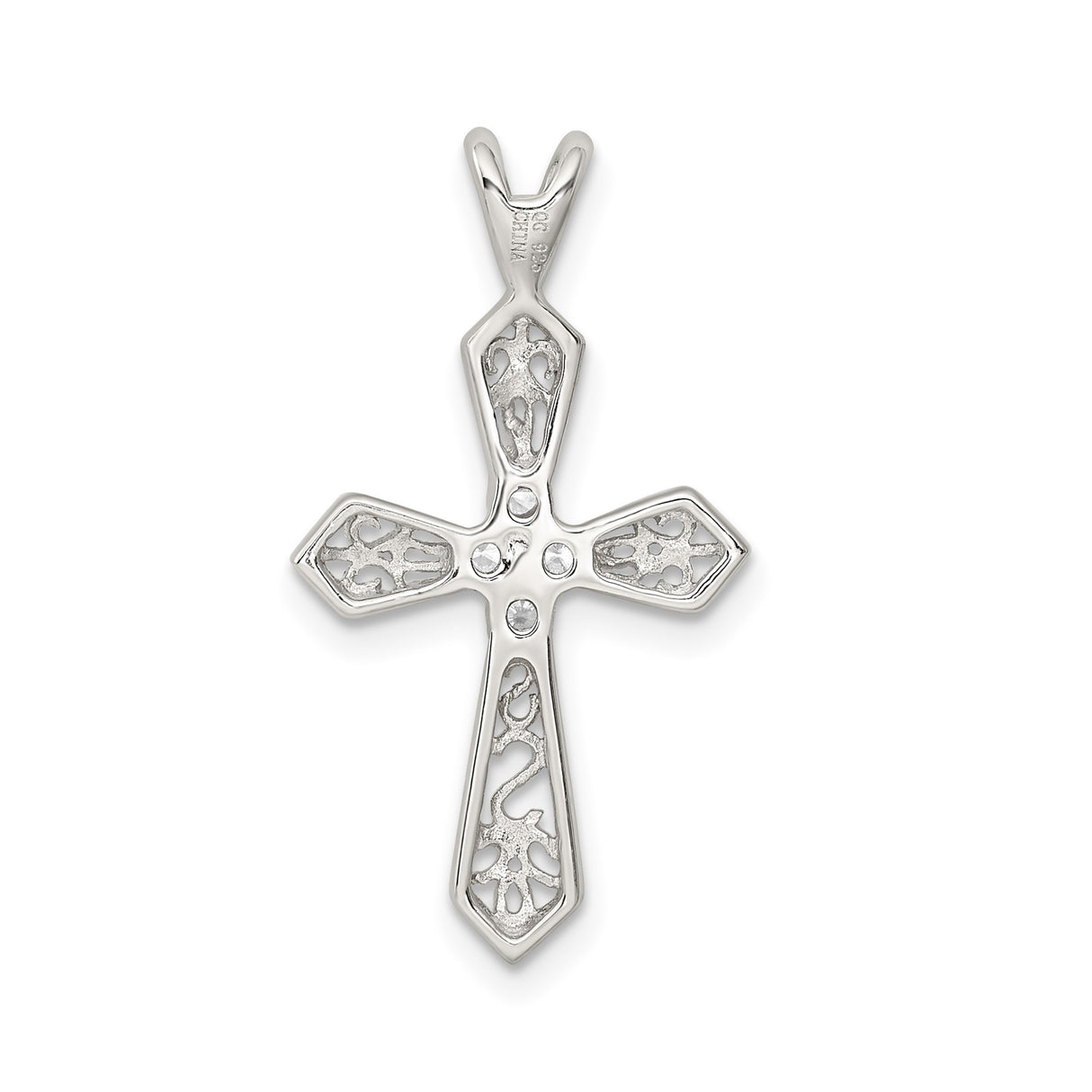 Sterling Silver Cross Pendant with Cubic Zirconia, Ornate Filigree, Heart Motif, Gold Accents