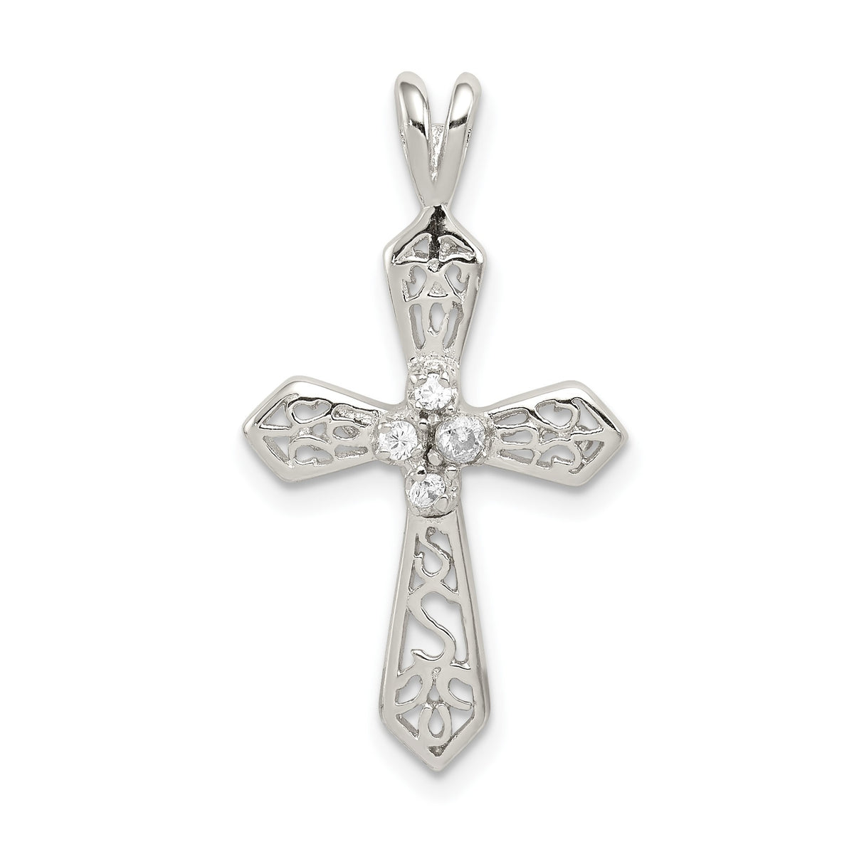 Sterling Silver Cross Pendant with Cubic Zirconia, Ornate Filigree, Heart Motif, Gold Accents
