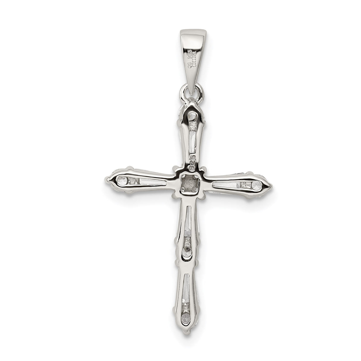 Sterling Silver Cross Pendant with Cubic Zirconia, Mirror Finish and Symmetrical Design
