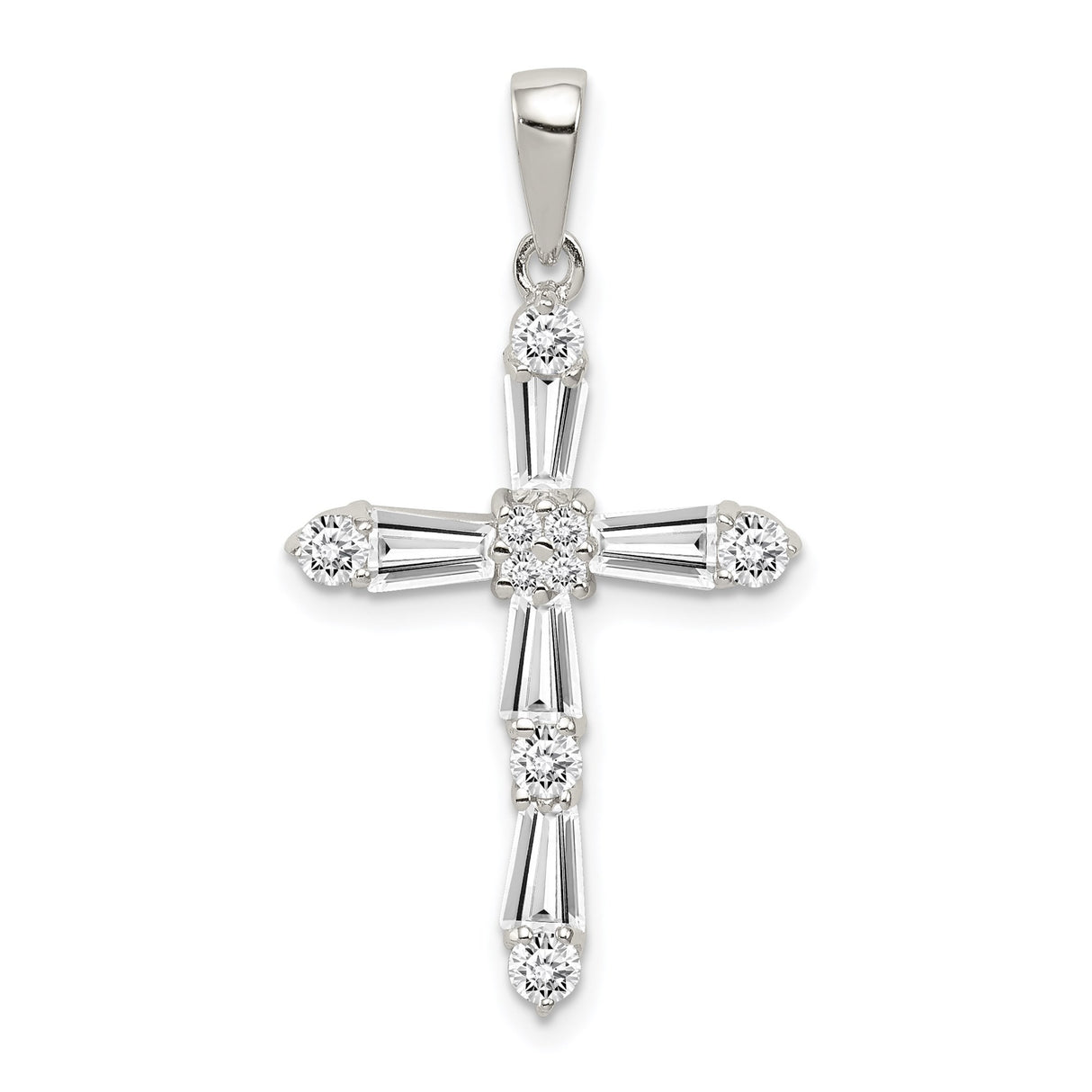 Sterling Silver Cross Pendant with Cubic Zirconia, Mirror Finish and Symmetrical Design