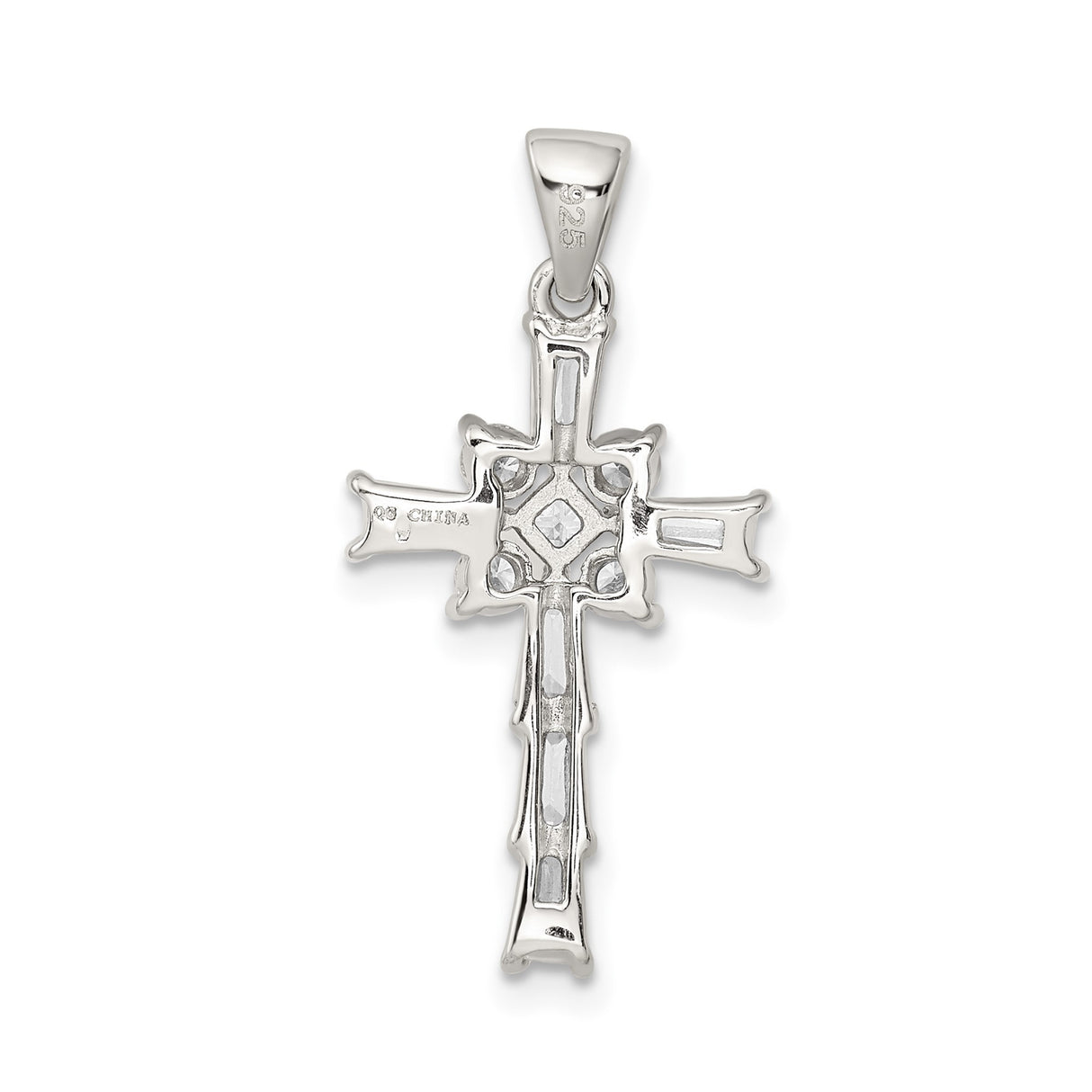 Sterling Silver Cross Pendant with Cubic Zirconia and Floral Center, Unisex Religious Jewelry