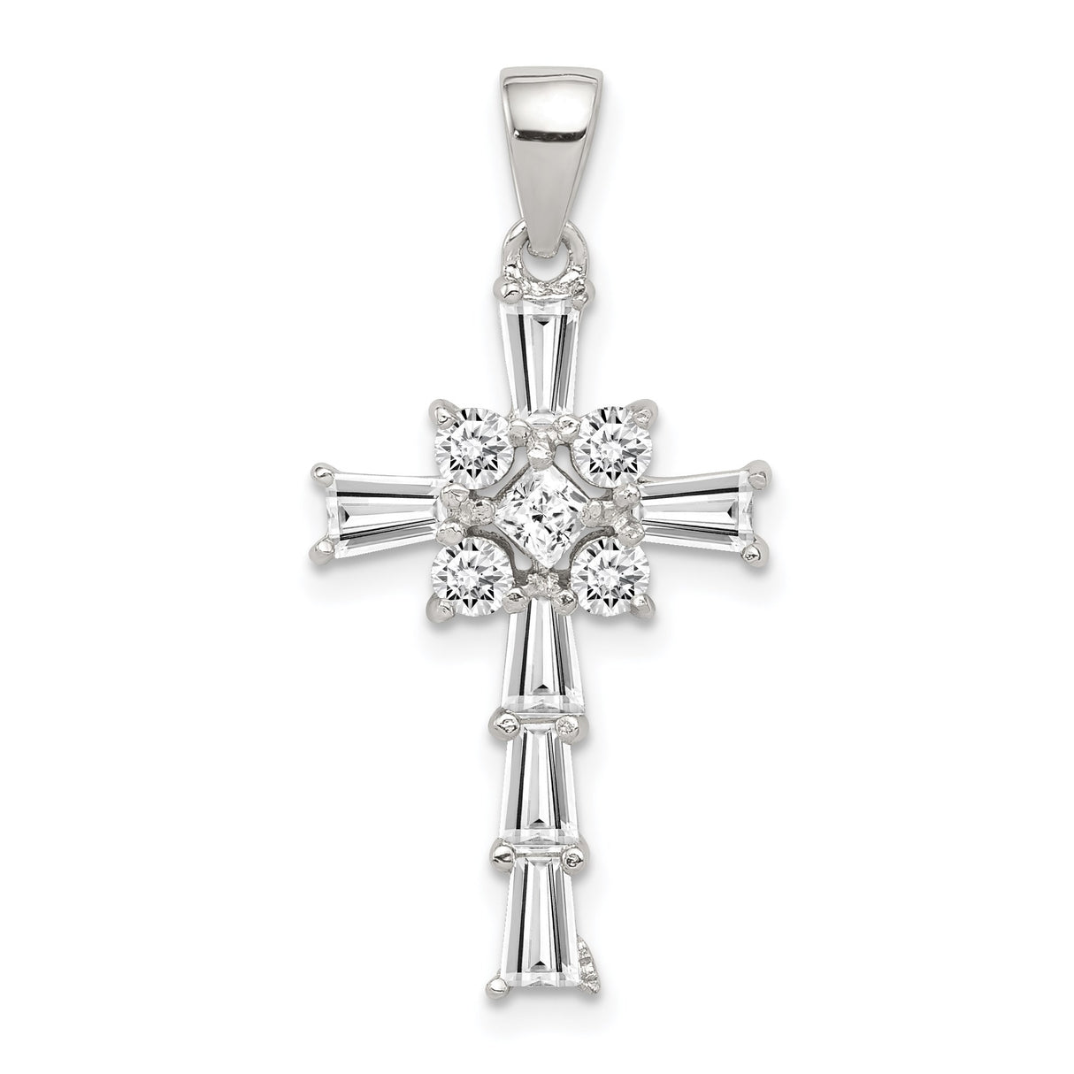 Sterling Silver Cross Pendant with Cubic Zirconia and Floral Center, Unisex Religious Jewelry