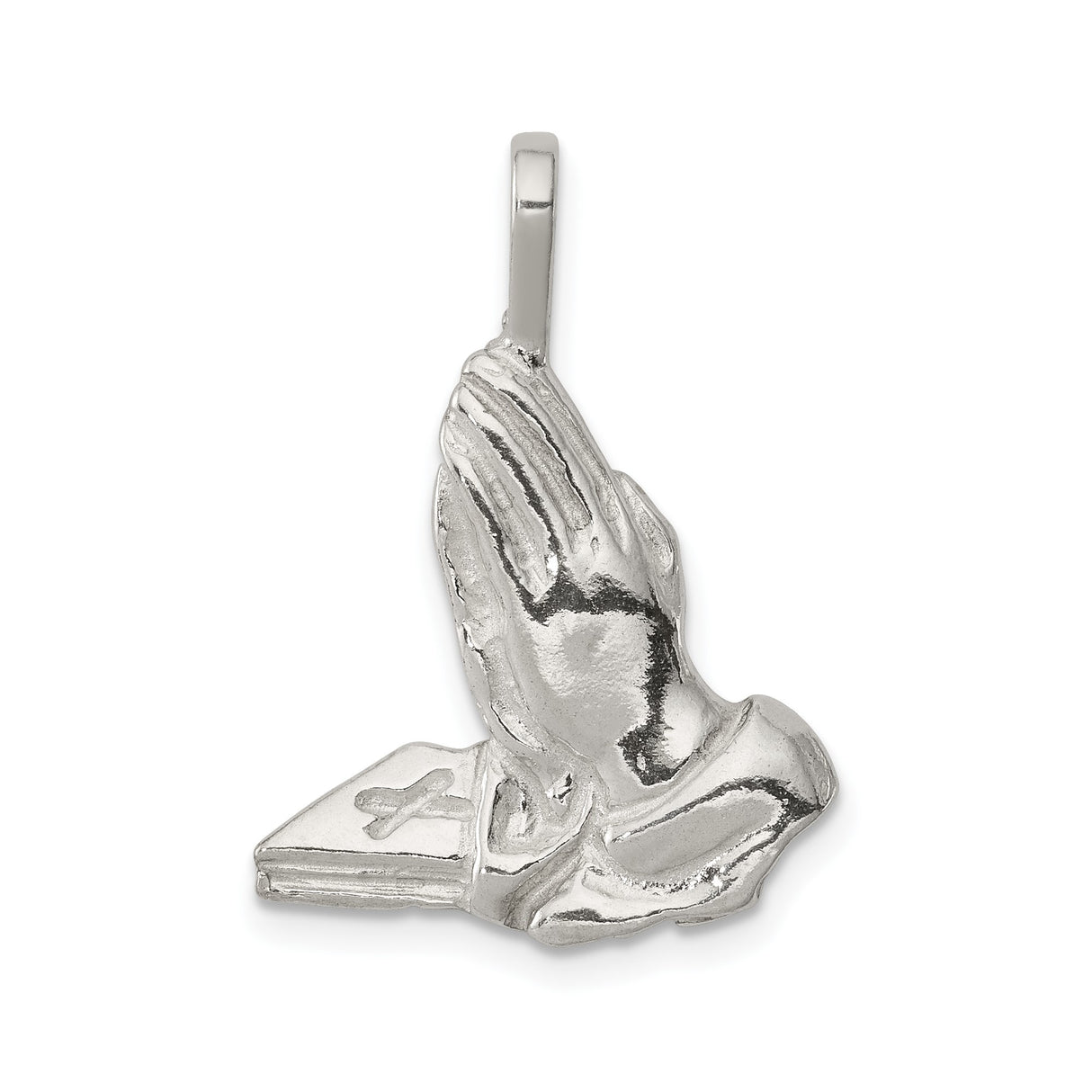 Sterling Silver Praying Hands Cross Pendant with Bible, Christian Religious Jewelry for Men and Women
