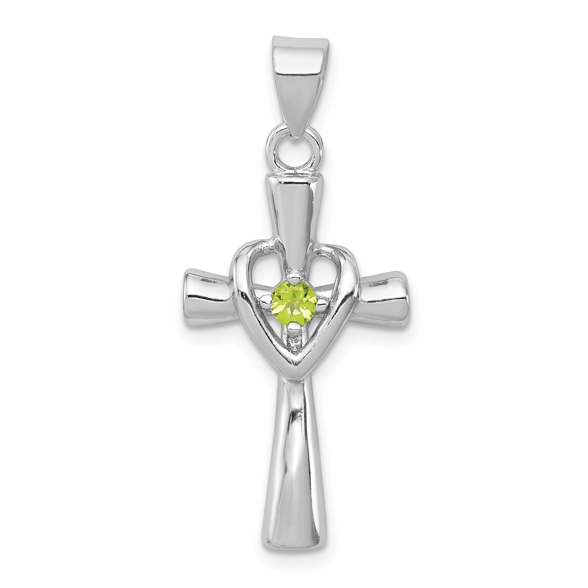 Sterling Silver Cross Pendant with Peridot Heart, Faith Unity Love Design for Men and Women