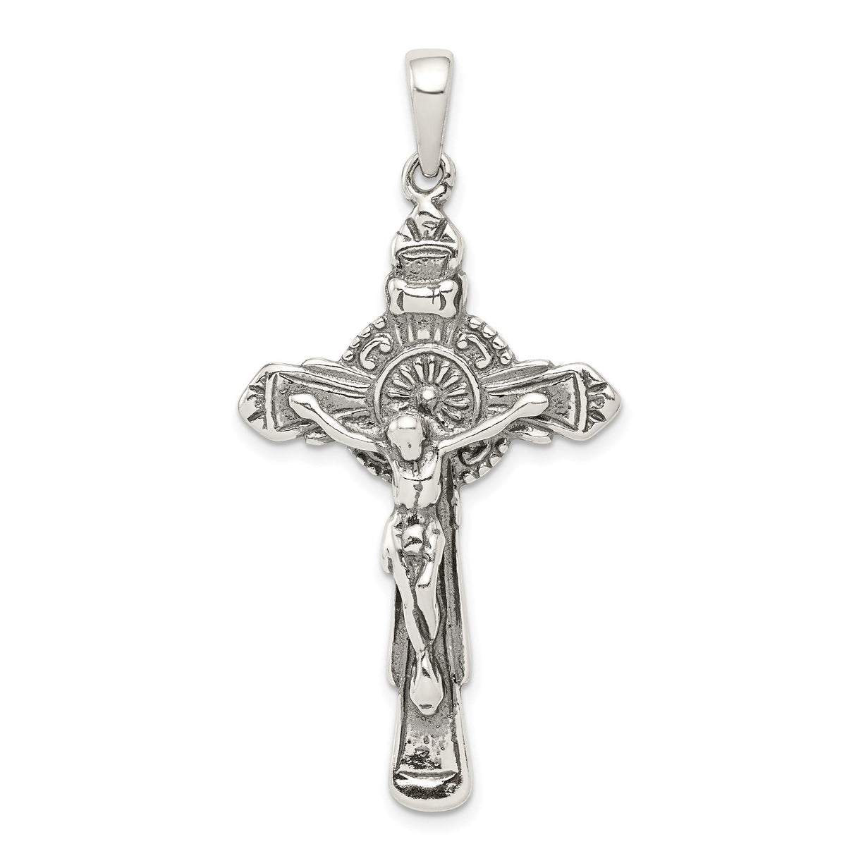 Sterling Silver Crucifix Pendant with Halo Motif and Gothic Cross Design