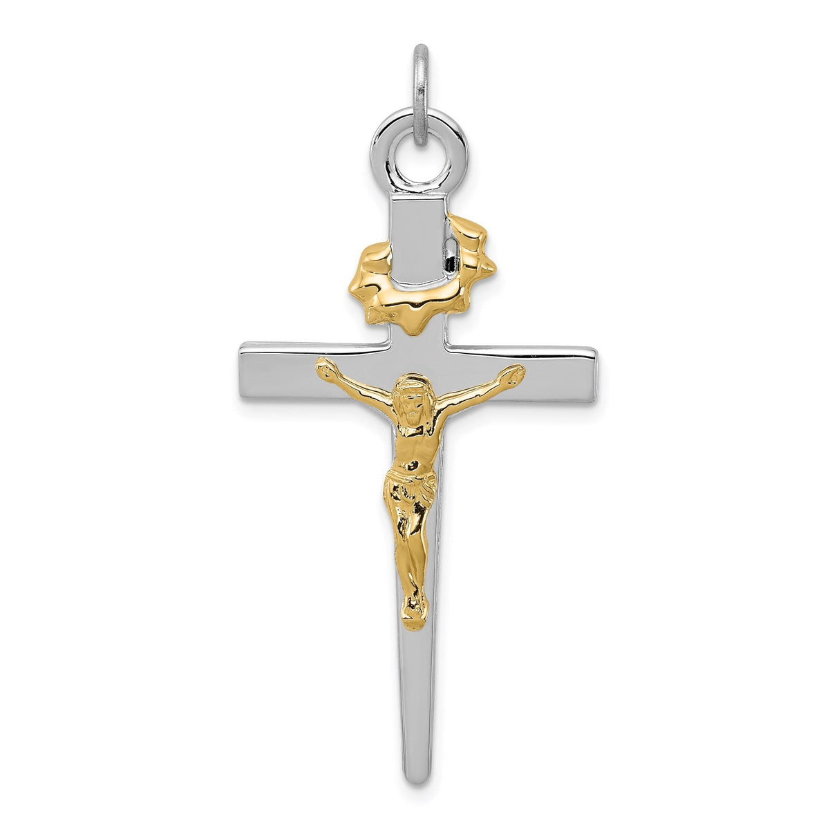 Sterling Silver Crucifix Cross Pendant with INRI Jesus Figure, Two-Tone Religious Design