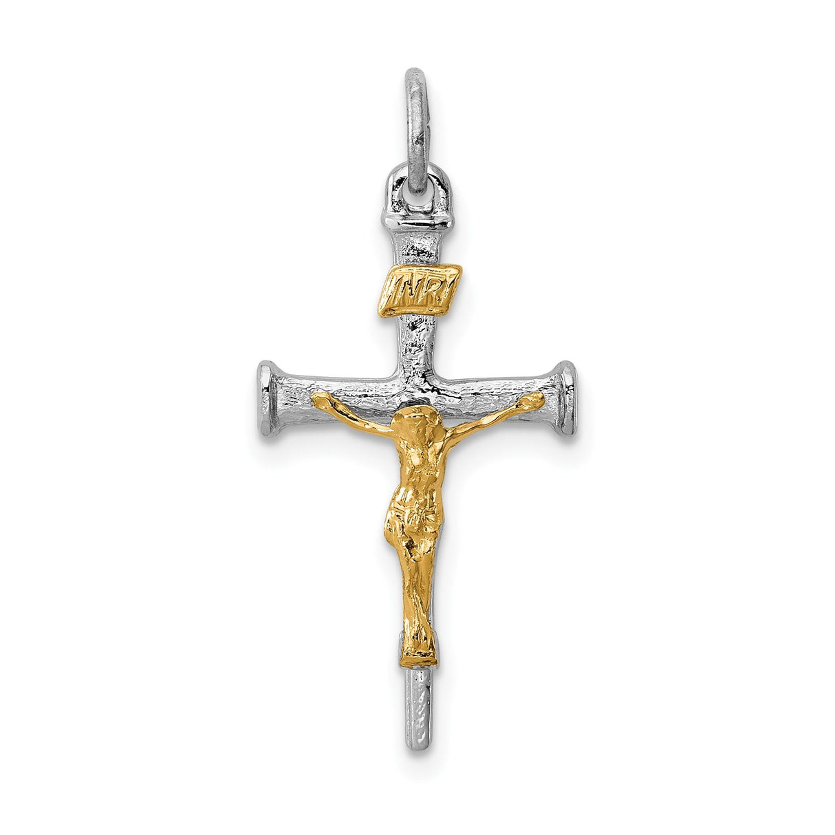 Sterling Silver Crucifix Pendant with Two Tone INRI Cross and Polished Jesus Figure