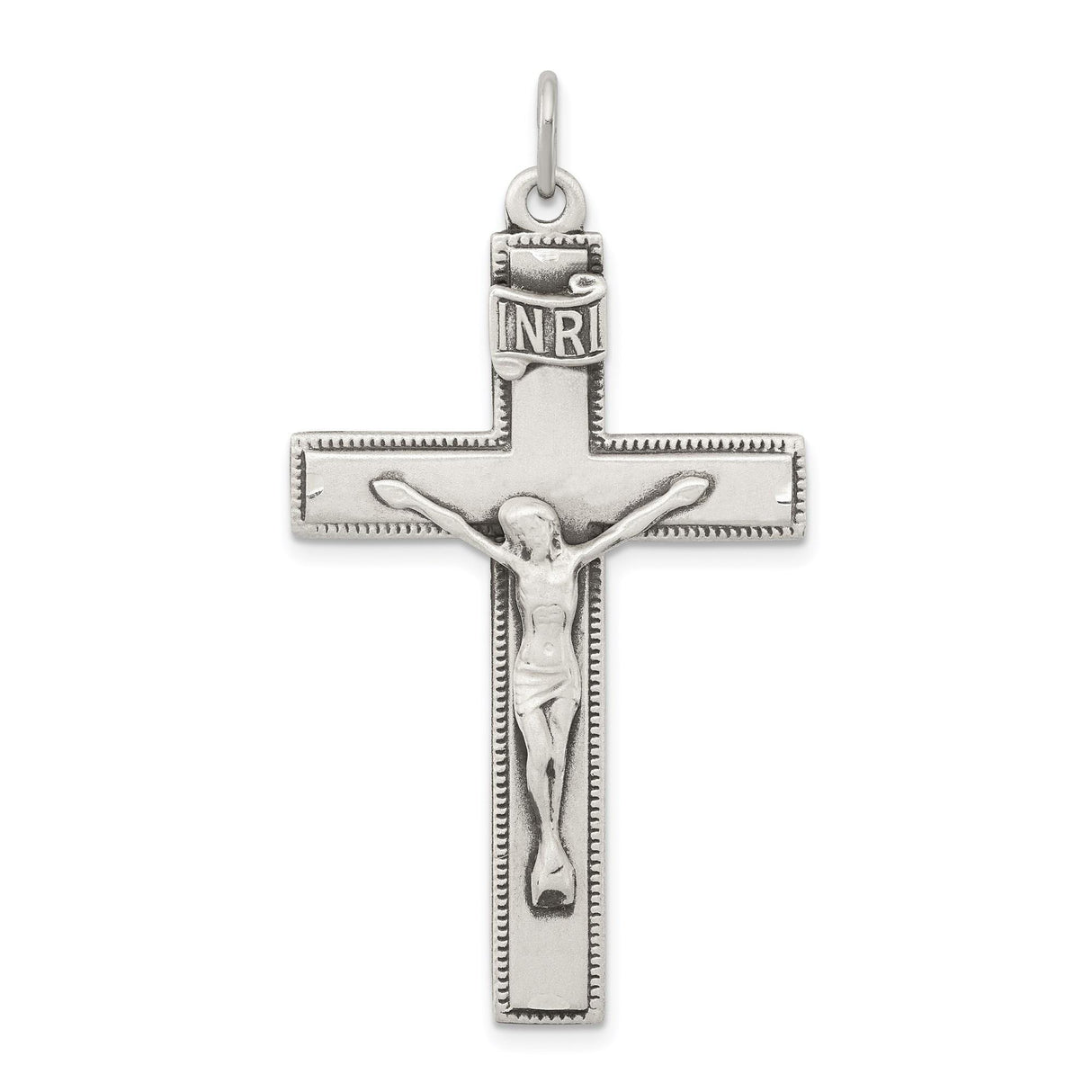 Sterling Silver Crucifix Cross Pendant with INRI Inscription and Antiqued Textured Design