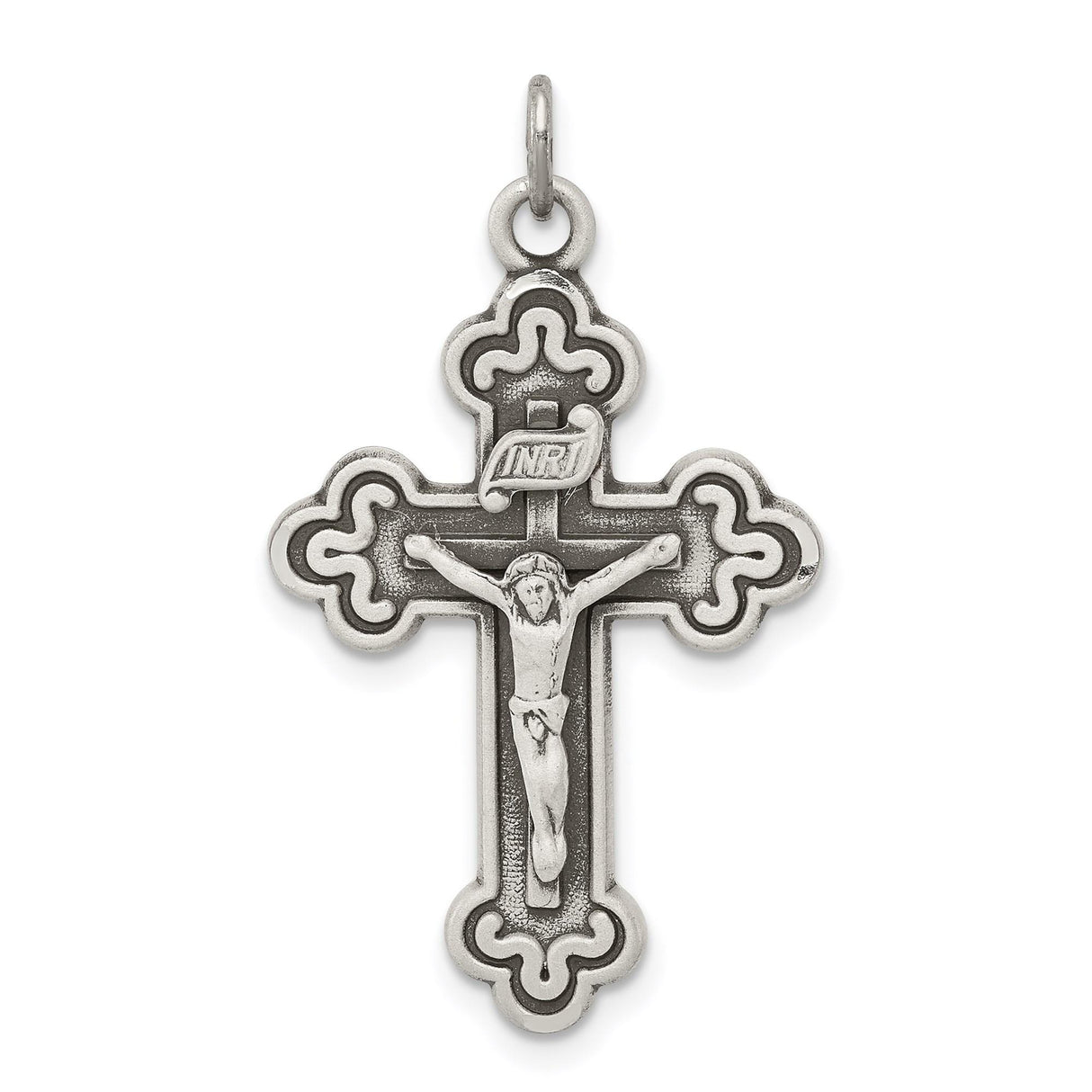 Sterling Silver Crucifix Cross Pendant with Trefoil Design and Aged Patina Finish