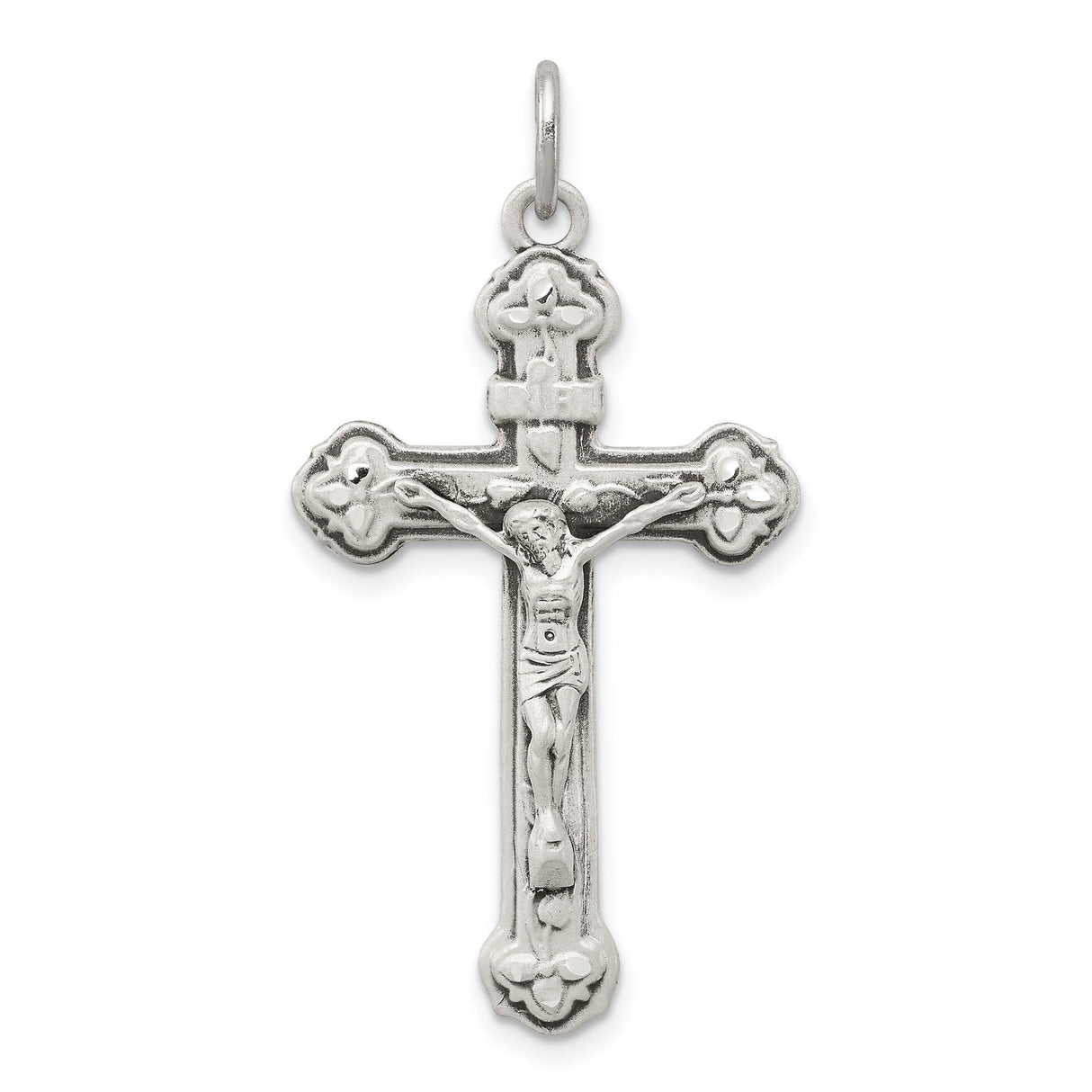 Sterling Silver Crucifix Cross Pendant with Raised Jesus and Floral Details for Men and Women