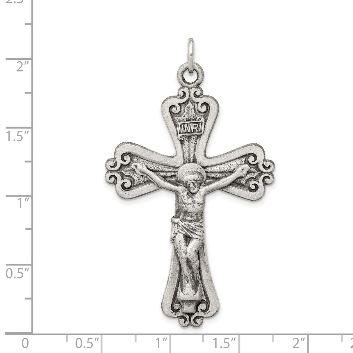 Sterling Silver Crucifix Pendant with INRI Scrollwork and Matte Finish Christian Design