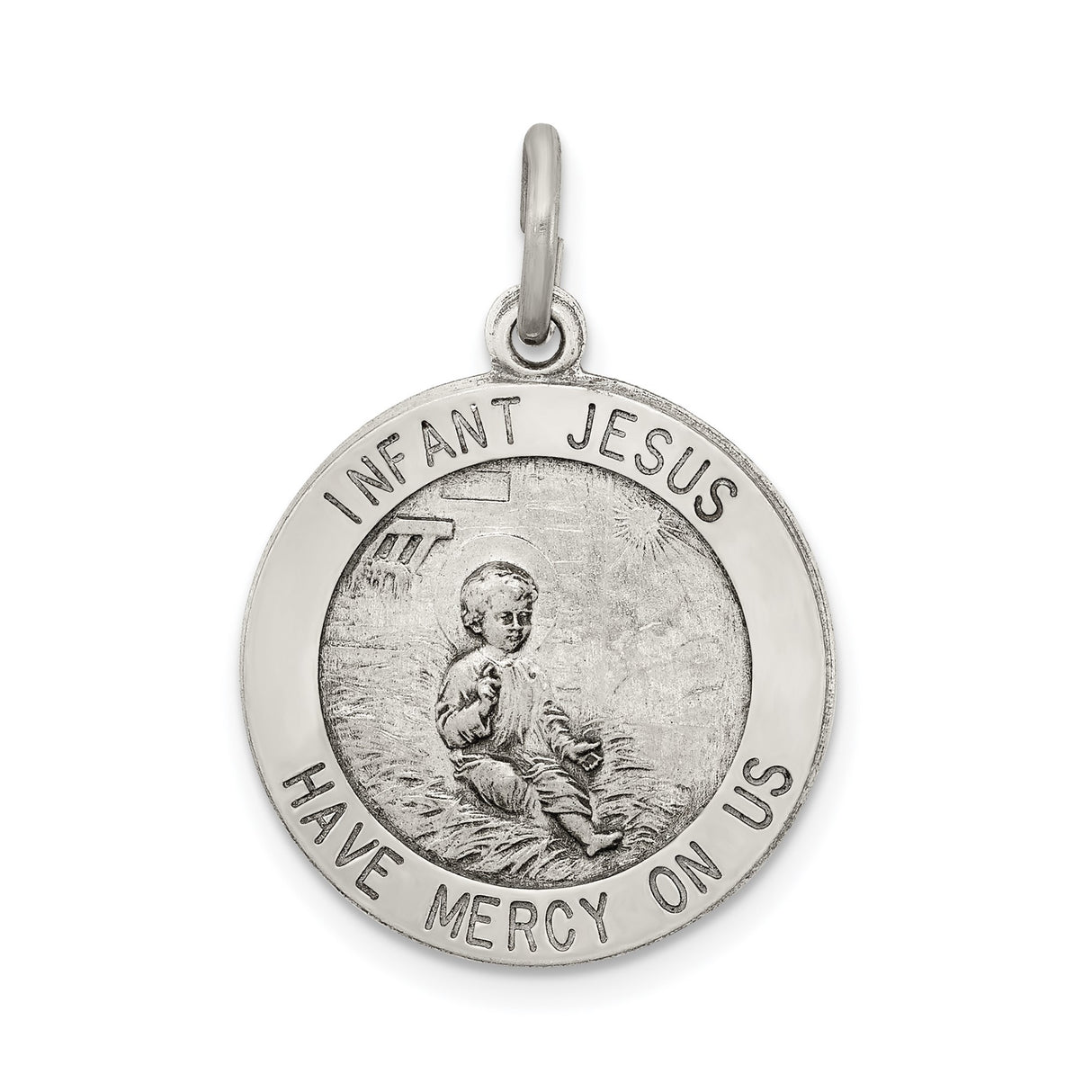 Sterling Silver Pendant with Infant Jesus Have Mercy on Us Design, Catholic Devotional Medal