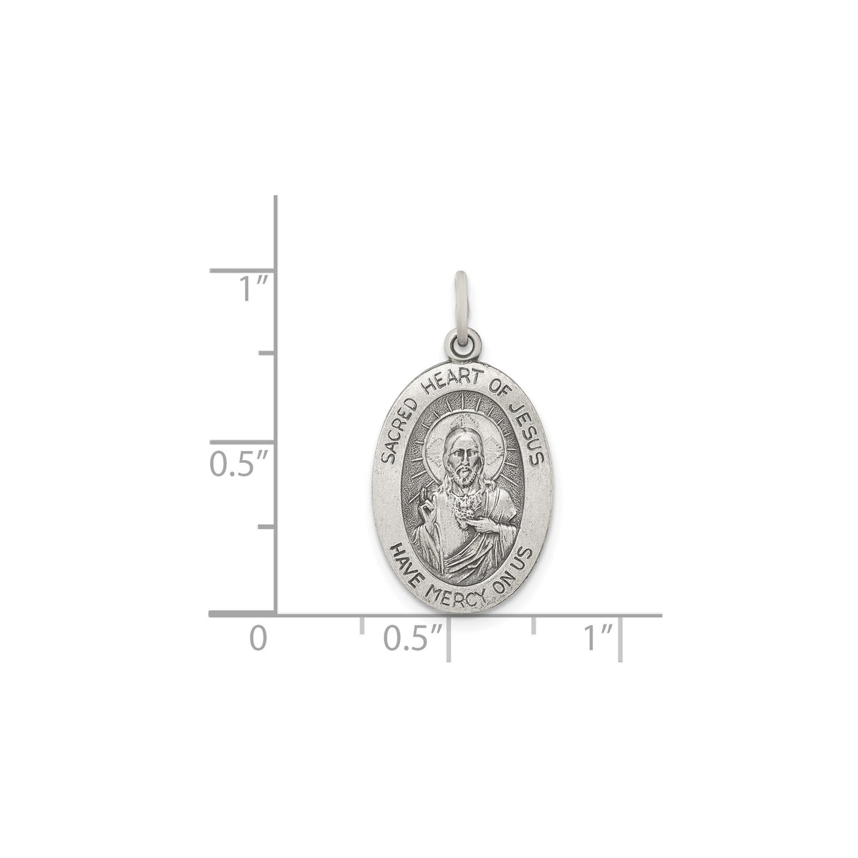 Sterling Silver Sacred Heart of Jesus Oval Medal with Have Mercy on Us Text